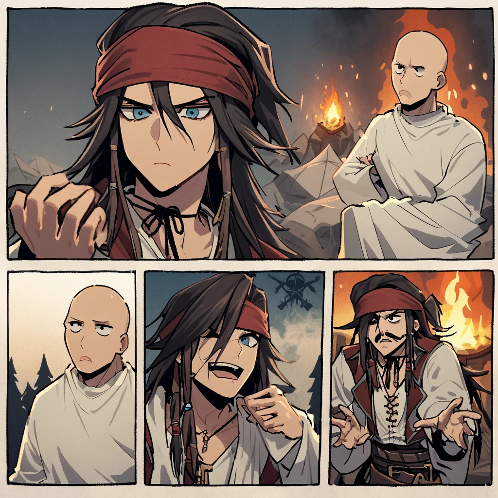 (extreme complexity)(two subjects)(A flamboyant vampire (greatly resembling Johnny Depp as Jack Sparrow, no hat, long dark hair, exaggerated hand gestures) looks bored, (a young (25), bald, European monk, athletic, dressed in a white robe with platinum trim and a holy symbol of Bahamut) is explaining a moral lesson by a camp fire at night