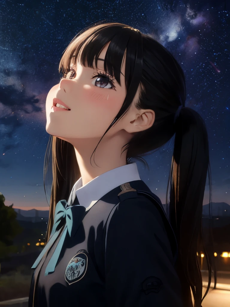 masterpiece, high quality, Draw a detailed face, blurred background, 4K, (ultra-intricate pupil in eyes, shiny eyes), parted lips, kawaii, cute, , slender, (ultra delicate and beautiful skin), perfect anatomy, BREAK (masterpiece, best quality), (ultra-detailed 8K), (perfect design), highres, ((blush)), (super fine illustration), masterpiece, best quality, (amazing, blunt bangs), high resolution, cute face, masterpiece, best quality, extremely detailed, anime, beautiful girl, 1giri, black hair, long twin tails, (night sky), ((milky way)), ((looking up)), (look up at the sky), (full body), from side, ((standing)), ((school uniform)), ((long hair)), spread arms, smile, top of the hill