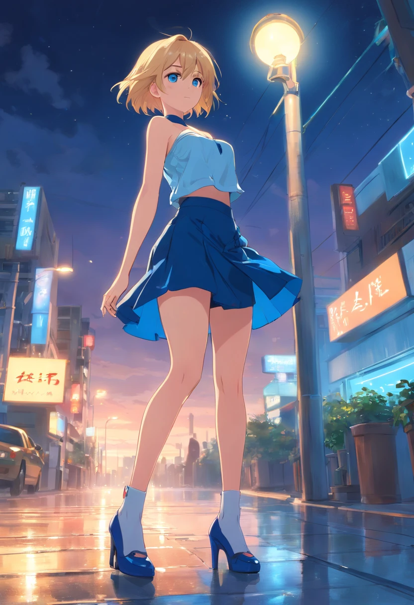 Female 17 years old, ((Rubia)), ((Ojos Azules)), strapless brazzier, mini skirt, high heeels, sentada bajo un farol. De noche, piso mojado