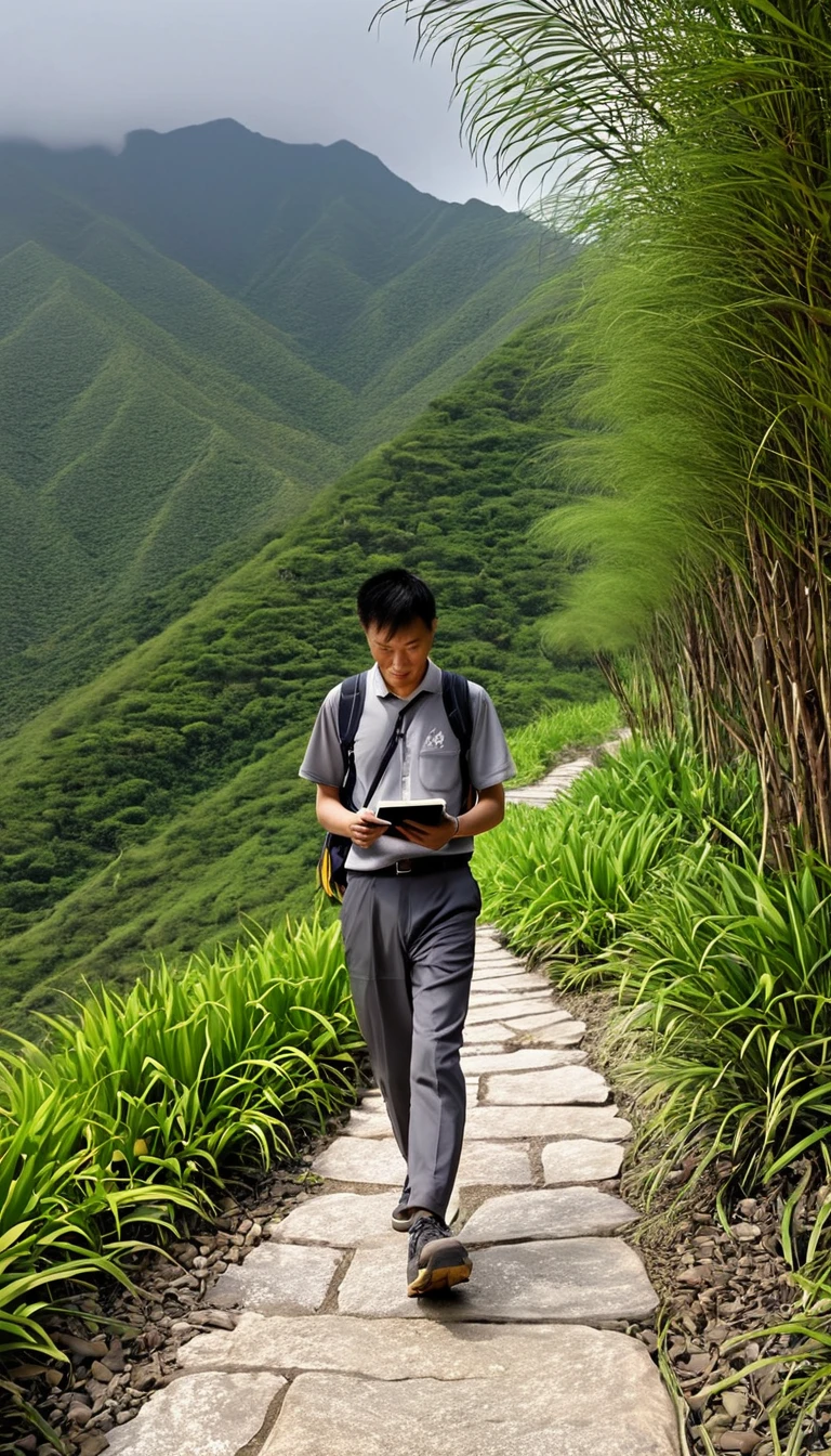 In spring，A 25 years chinese man, short hair, lonely,  , intelligence and exploration style，Walk firmly on the mountain path，In the distance are high mountain peaks，Wearing gray sport shirt, long pant，holding notes books and phone, seeing high, wearing desert shoe, On both sides of mountains path are lush tropical trees，some dendrobium orchids on trees, 8k resolution ,high quality photo，detail on features, Faraway view, evening scenary, detail on face and body features