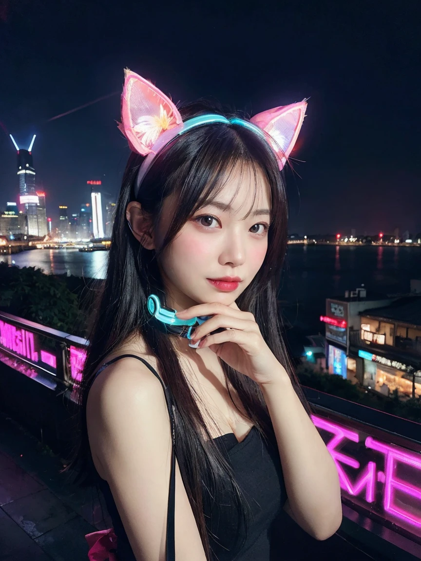 最high quality, masterpiece, 32k、Super detailed、realistic、1 girl, japanese woman、cute face, (photo actual:1.3), edge lighting, (high detail skin:1.2), 8K超High resolution, Single-lens reflex camera, high quality, High resolution, 4k, 8K, Optimal ratio of 4 fingers to 1 thumb, (actual:1.3), Green and blue neon cat ears headband、cute 1 girl, realistic、Super realistic、32k、Super detailed、masterpiece, 最high quality, beautiful girl, beauty、small breasts, Mecha, beautiful lighting, (neon light:1.2), (night:1.5), Cyberpunk Costume、sitting,Cyber Neon、future city、Skyscraper、City night、Shanghai、big city、night scene、Beautiful night scene