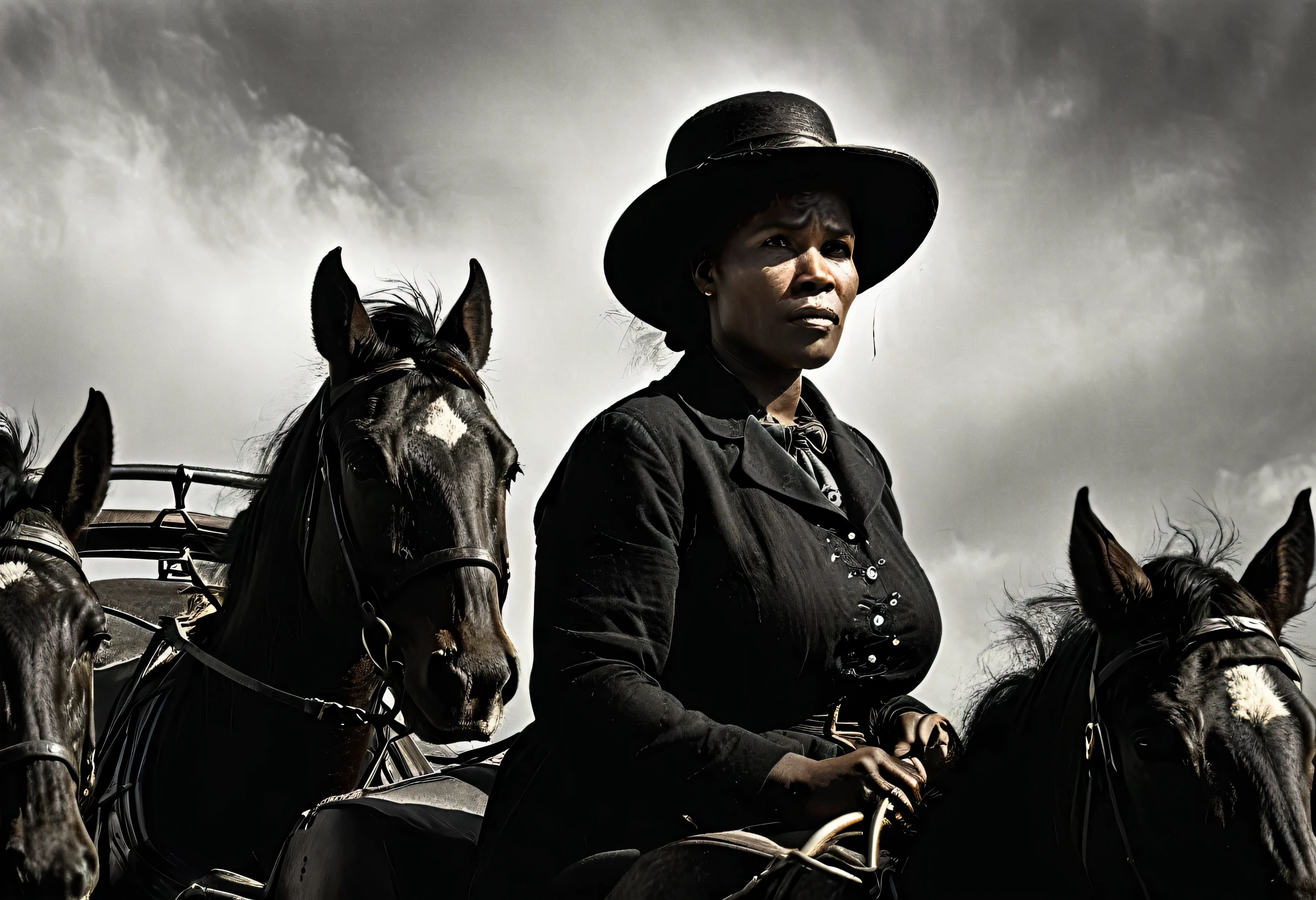 (((1900s era Studio Portrait of Mary fields))),((Ebony mature woman )) (( tick and heavy body)) (( 180 cm tall and 90 kg. weight)) ((65 years old)) ((Mature face)), First American-African mail carrier know as Stagecoach, black Mary, dress up in American 1900 ad. Style outfit for countryside woman, photorealistic, documentary photo, national geographic photo style, professional lighting, studio light, natural light, Soft shadows Super-Resolution, Megapixel, ProPhoto RGB, VR, Spotlight, Frontlight, Halfrear Lighting, Backlight, Rim Lights, Rim Lighting, Artificial Lighting, Natural Lighting, Incandescent,The images are very realistic.,documentary photography,A photorealistic portrait of Mary FieldsA stylized illustration in a vintage American West style depicting Mary Fields driving a stagecoach pulled by horses or mules. She is shown gripping the reins tightly, her face set in concentration as she guides the stagecoach across a vast, rugged landscape of plains and hills under a big sky. Snow is swirling around her.