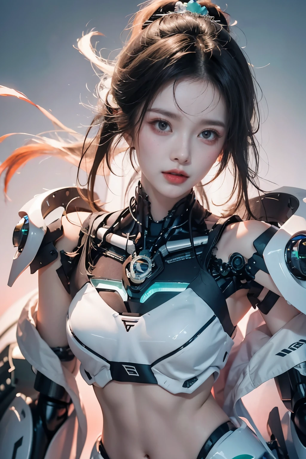 tmasterpiece,Best quality at best,A high resolution,8K,(portrait),(Close up of avatar),(RAW photogr),real photograph,digital photography,(cyberpunk queen),14-year-old girl,long ponytail hairstyle,By bangs,(pink and silver gradient hair),(Glowing emerald green eyes),Devil Eyes,Serious and charming,lightning glowing electronic components,silver wires and tubes connect the body,Complex light blue electronic texture,Weird technology symbols,Black round forehead symbol,Luxurious mechanical crown,Keep your mouth shut,(Mechanical Woman),Photo pose,cyber punk perssonage,Future Style,Dawn Background,oc render reflection texture,Shoulder exposed,Navel exposed,Flat Chest,Small breasts,Small breasts,Small waist,Small Ass,Thin legs,Leaner figure,Slim figure,Glowing blue eyes,Confidence,Thin, sharp, and bold, upturned eyes,The background is a futuristic city,Beautiful city background at sunrise,The skin is exposed on the shoulders.,The skin on the neck is exposed,The shoulders have exposed skin.,The skin on the neck is exposed,The light of the sunrise brightens my face,The neck is exposed and not covered by the suit,Her belly button is also exposed and not covered by the suit.,small waist width,The butt is very small,The legs are very thin,Both legs are thin,Chest shakes,breasts are small,Healthy reddish skin tone,