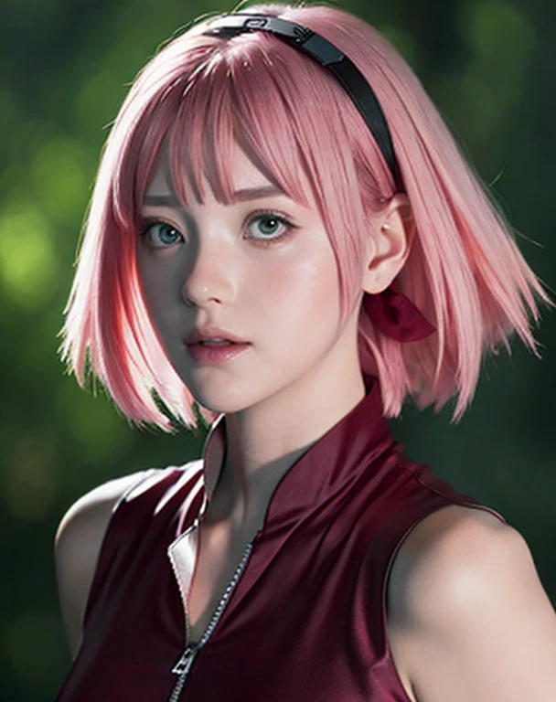 naruto shippuuden, , masterpiece, red shirt, shirt, short hair, sleeveless, sleeveless shirt, , d, 1girl, solo, bangs, breasts, closed mouth, elbow sleeve, eyes visible through hair, floating hair, foreshortening, green eyes, hair intakes, parted bangs, pink hair, portrait
