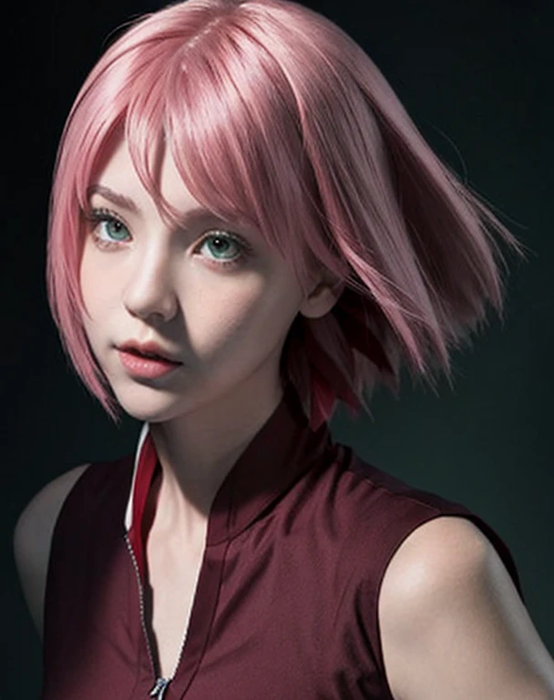 naruto shippuuden, , masterpiece, red shirt, shirt, short hair, sleeveless, sleeveless shirt, , d, 1girl, solo, bangs, breasts, closed mouth, elbow sleeve, eyes visible through hair, floating hair, foreshortening, green eyes, hair intakes, parted bangs, pink hair, portrait