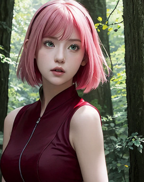 naruto shippuuden, , masterpiece, red shirt, shirt, short hair, sleeveless, sleeveless shirt, , d, 1girl, solo, bangs, breasts, closed mouth, elbow sleeve, eyes visible through hair, floating hair, foreshortening, green eyes, hair intakes, parted bangs, pink hair, portrait
