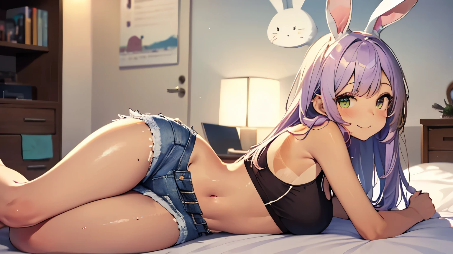 highest quality、Elementary school student bra、Beige shorts、Cool look、Stretching your legs in your room、Armpit sweat、Grass、 Face,(Glamorous figure)， (girl１name)， (Highly detailed face, smile) ,, (日本のgirl), Slightly round face, (Tan brown face:1.6), cute, Big eyes、2D，highest quality，(masterpiece)，(((The whole body is reflected)))，(((Full Body)))，Suisen Udongain Inaba，(White bunny ears girl:1.6)，extra long hair，((light purple hair))，(messy hair)，healthy dark skin，((Black denim shorts))，Light pink wrestler tank top，Shiny bare legs，barefoot，Beautiful green eyes，Attractive thigheaty ass，Slo body shape，Bedroom，Get drunk，Upward glance，cheeks are bright red，あざでcute，Sexy as heErotic look，Lrops of sweat all over the body，Steamy，sleep with your legs stretched out、My Room、（Lie flat on the bed.），Side view angle，An angle that emphasizes the buttocks