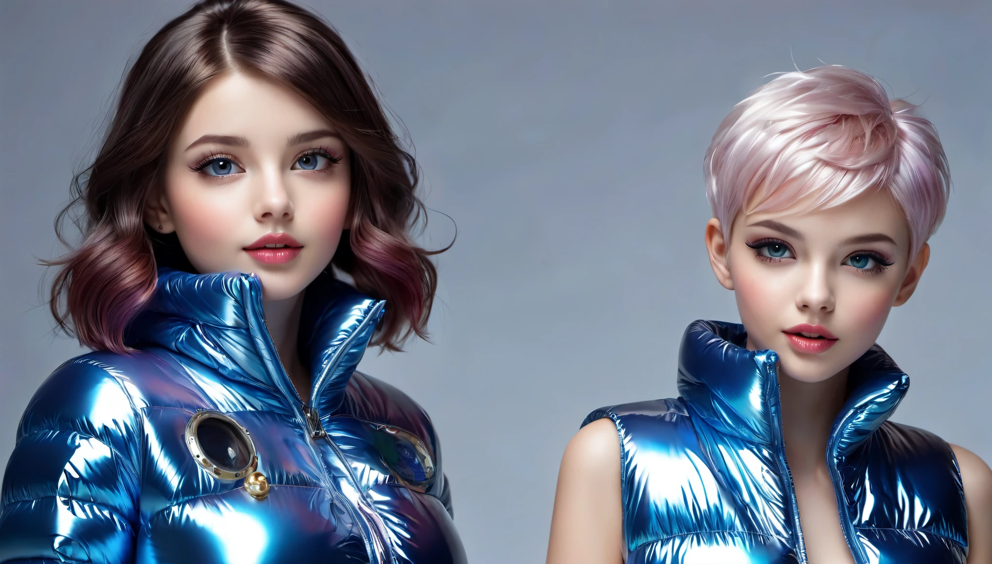 Masterpiece, Best Quality, ((two cute girls in open shiny puffer, no makeup, small perky breasts, extremely detailed face, beautiful detailed eyes, beautiful detailed lips, short colored pixie hair, small hips, fearfull expression, enticing, in a spaceship))