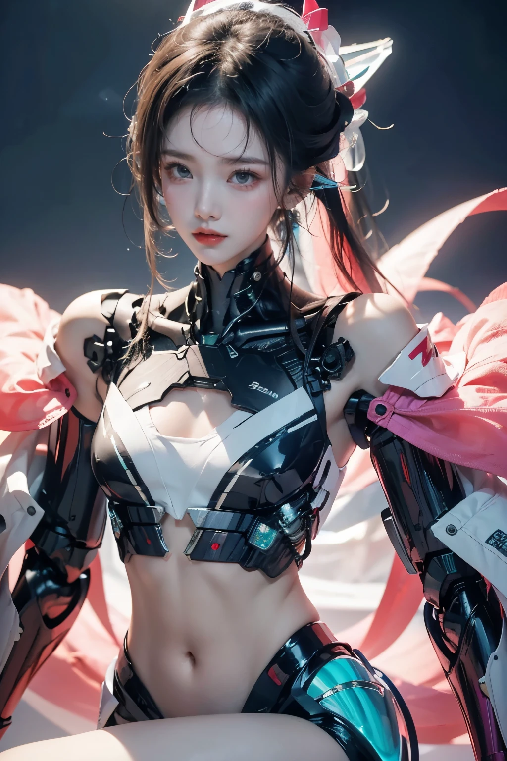 tmasterpiece,Best quality at best,A high resolution,8K,(portrait),(Close up of avatar),(RAW photogr),real photograph,digital photography,(cyberpunk queen),,long ponytail hairstyle,By bangs,(pink and silver gradient hair),(Glowing emerald green eyes),Devil Eyes,Serious and charming,lightning glowing electronic components,silver wires and tubes connect the body,Complex light blue electronic texture,Weird technology symbols,Black round forehead symbol,Luxurious mechanical crown,Keep your mouth shut,(Mechanical Woman),Photo pose,cyber punk perssonage,Future Style,Dawn Background,oc render reflection texture,Shoulder exposed,Navel exposed,Flat Chest,Small breasts,Small breasts,Small waist,Small Ass,Thin legs,Leaner figure,Slim figure,Glowing blue eyes,Confidence,Thin, sharp, and bold, upturned eyes,The background is a futuristic city,Beautiful city background at sunrise,The skin is exposed on the shoulders.,The skin on the neck is exposed,The shoulders have exposed skin.,The skin on the neck is exposed,The light of the sunrise brightens my face,The neck is exposed and not covered by the suit,Her belly button is also exposed and not covered by the suit.,small waist width,The butt is very small,The legs are very thin,Both legs are thin,Chest shakes,breasts are small,Healthy reddish skin tone,