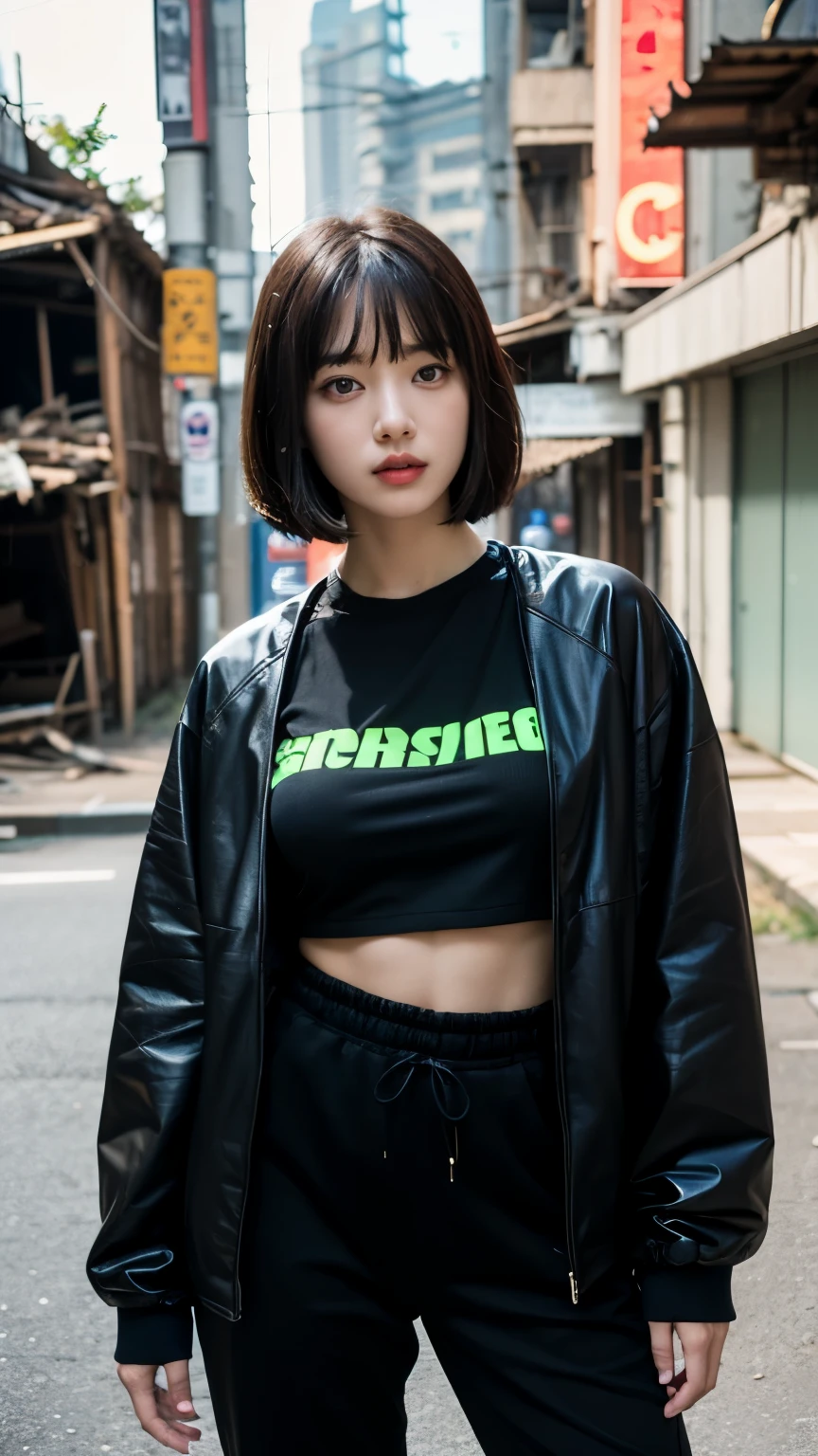,Korean women,(((Facing forward))),(Very fine eye), (((Fabric Shading))), (((highest quality))), (((masterpiece))) strong girl, (((Realistic))), Black Hair, chic hairstyle, ((With bangs,Straight medium bob, nice hair)), Light makeup,Red eyes, I'm not wearing lipstick,(((Retro-futuristic outfits))), (nice, strong, It Girl), Strong night atmosphere, Centered Images, Focus on the camera, Elegant colors,Realistic Skin,Realistic texture,8k,whole body,彼女のBlack Hair, Medium Bob Cut,(((Terrible neon city ruins))),Red iris,Expressionless,(((He is wearing a big black down jacket. ))),Glaring,Perfect Face,(((Big eyes))),She is wearing wide black hip-hop style pants.,Mouth closed, portrait of aespaのウィンター,She is wearing black streetwear, Woman in black streetwear, Photo of a woman in black tech clothing, Girl wearing black hoodie, Cyberpunk Streetwear, Cyberpunk Streetwear street fashion e-girl,Have a credit card