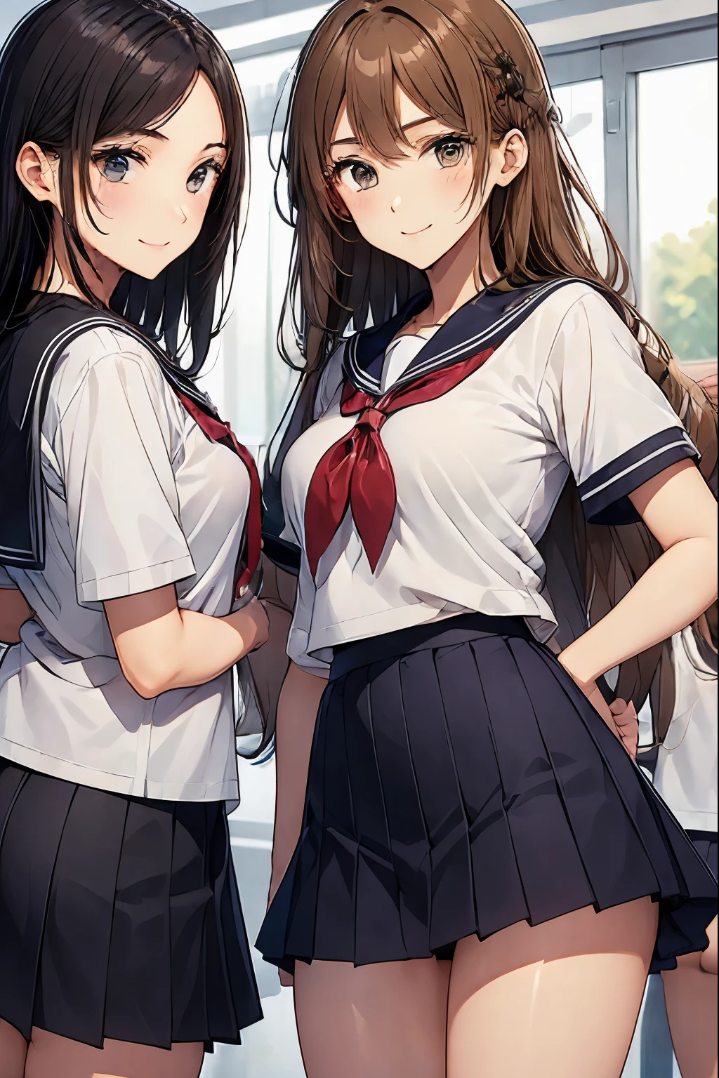 School classroom、two high school girls、nsfw、Showing her panties、cameltoe、seductive smile、