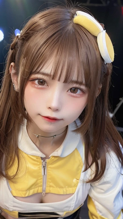 Photo of a girl during an amazing portrait session, Shot in 8K, Top quality and 3D Cinema Light Ultra High Definition for ultimate immersion. The setting is Hong Kong in the 1990s., A medium shot showing every detail of her,((Hairstyle,Long Straight,Brown Hair Color:1.4)),((Yellow and white cyberpunk outfit:1.4)),((View here:1.3)),(An expression of ecstasy:1.3)),Upper Body,Perfect curves,cute,((straight face:1.5)),((round face:1.3)),((Cheerful pose:1.3)),((stage of concert hall,on stage,Illuminated by lighting:1.4)),((Small breasts:1.3)),