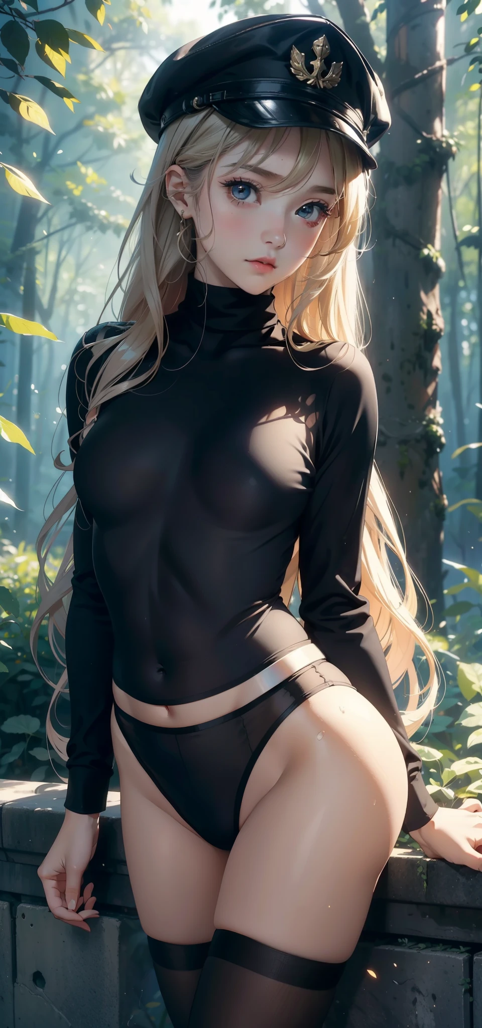  1 woman，Small Loli，Big breasts  ，（background：forest，，summer） She has long blond hair，curls，Long hair flying，Everlasting，Sweat，soak，From the front， Straight Hair， partly cloudy，（（（masterpiece），（Highly detailed CG Unity 8k wallpaper），best quality，Movie Lighting，細緻的background，Beautiful and delicate eyes，black eyes，（Very delicate and beautiful），（Beautiful and detailed description of the eyes），Ultra Detailed，masterpiece，）），face camera，high resolution，Ultra Detailed），Exposing breasts，Exposing genitals， Convex，Legs open，Convex起性感，Camel toe，Primary school students（wear：Military cap，Turtleneck shirt，Transparent tights）Sci-fi style，nude