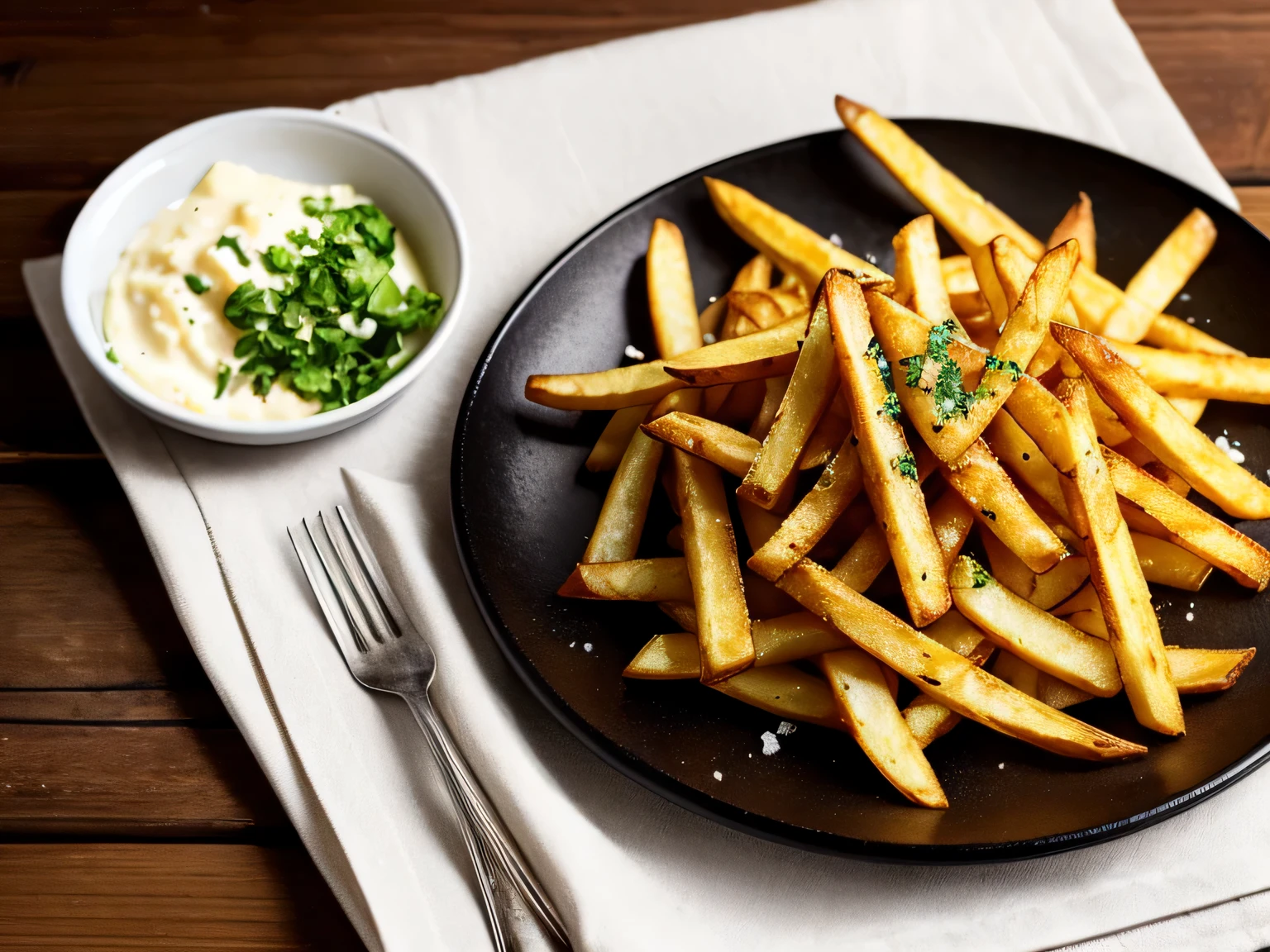 A plate of crispy, Golden French Fries, The surface of the salt crystals sparkles, Capture the irresistible charm of this potato dish.