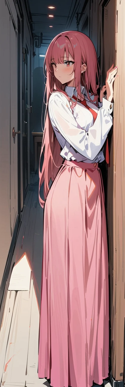 (masterpiece, best quality:1.2), 1 girl, Solitary,Standing_,
, Long hair,Black无袖短背心,Pink skirt,Black