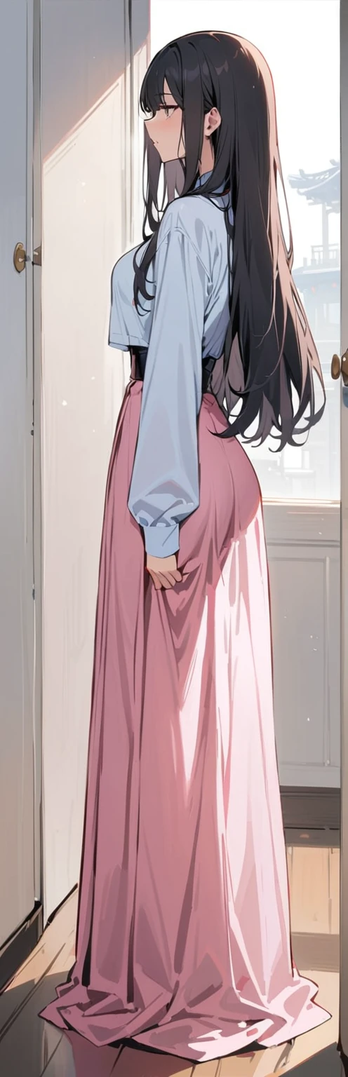 (masterpiece, best quality:1.2), 1 girl, Solitary,Standing_, 
, Long hair，Black无袖短背心，Pink skirt，Black