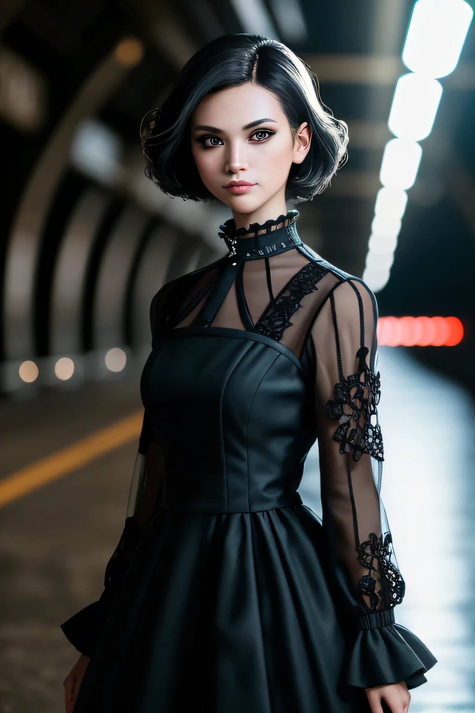 (masterpiece), (extremely intricate:1.3), (realistic), a girl, (punk, new wave), (dynamic perspective), dynamic angle, the most beautiful in the world, chic dress, smirk, tunnel, Aomori, Haifa, professional photograph of a stunning woman detailed, sharp focus, dramatic, award winning, cinematic lighting, octane render unreal engine, volumetrics dtx, (film grain, blurry background, blurry foreground, bokeh, depth of field)
