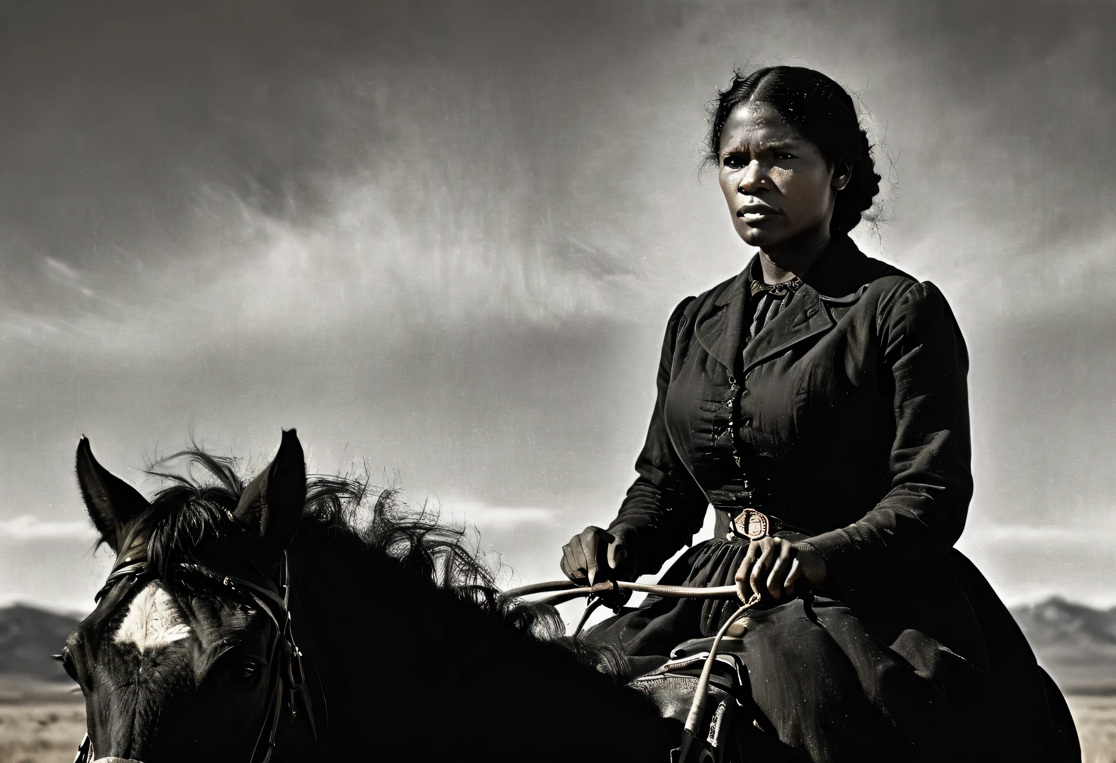 (((1900s era Studio Portrait of Mary fields))),((Ebony mature woman )) (( tick and heavy body)) (( 180 cm tall and 90 kg. weight)) ((65 years old)) ((Mature face)), First American-African mail carrier know as Stagecoach, black Mary, dress up in American 1900 ad. Style outfit for countryside woman, photorealistic, documentary photo, national geographic photo style, professional lighting, studio light, natural light, Soft shadows Super-Resolution, Megapixel, ProPhoto RGB, VR, Spotlight, Frontlight, Halfrear Lighting, Backlight, Rim Lights, Rim Lighting, Artificial Lighting, Natural Lighting, Incandescent,The images are very realistic.,documentary photography,A photorealistic portrait of Mary FieldsA stylized illustration in a vintage American West style depicting Mary Fields driving a stagecoach pulled by horses or mules. She is shown gripping the reins tightly, her face set in concentration as she guides the stagecoach across a vast, rugged landscape of plains and hills under a big sky. Snow is swirling around her.