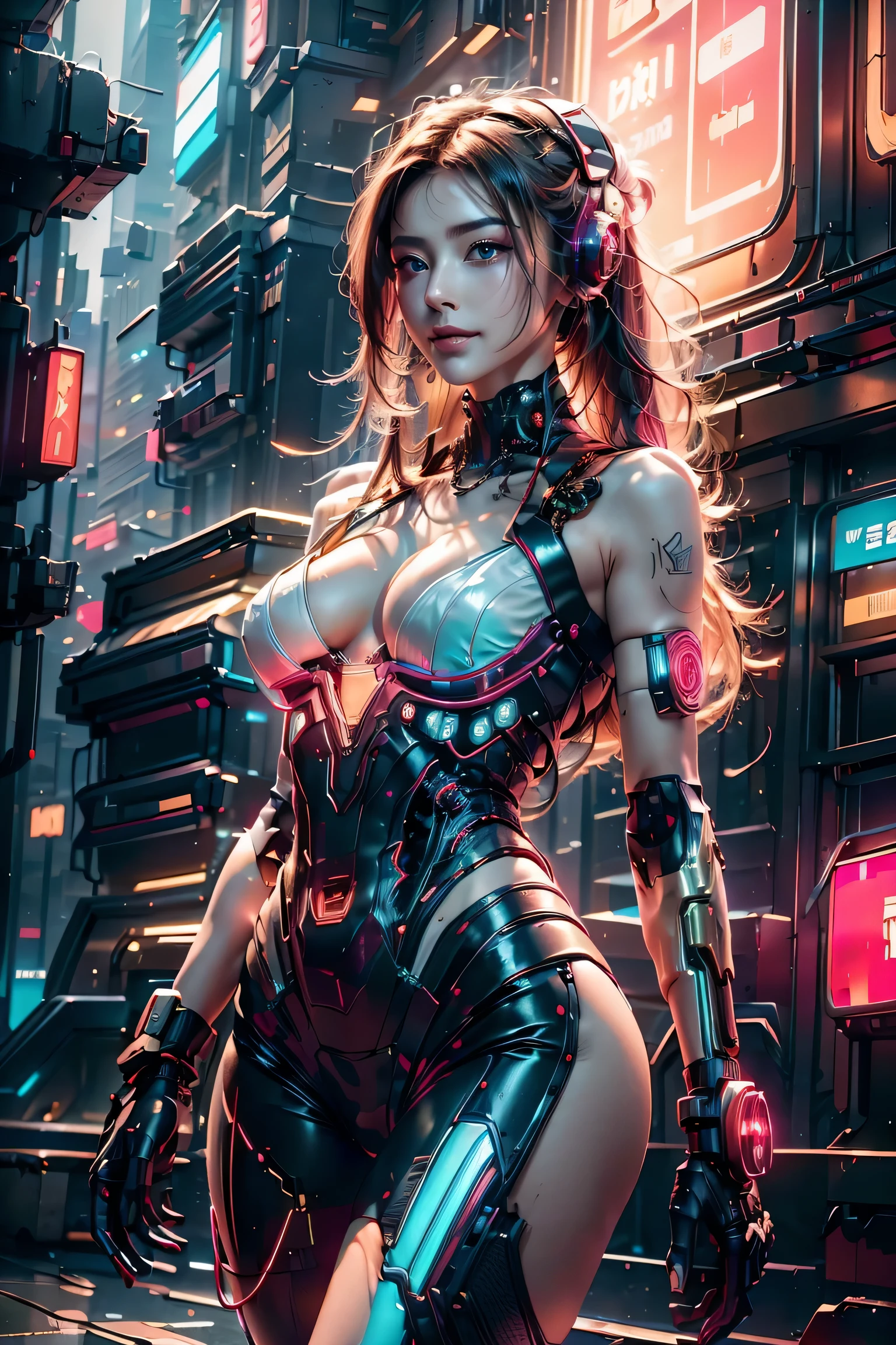 Virtual image,Realistic 8K,hips up,best quality,Masterpiece,Maximum details,complete composition,Excellent anatomy,Displaying a beautiful and elegant posture,Natural light that is comfortable on the eyes,A bright aura hits the face.,Young woman with long, flowing white hair,alone,Staring at me.,smile at the corner of the mouth,glowing cyberpunk,bright neon light,A headset that glows brightly,Machinery with bright neon lights glowing,(Very bright)((red and white cyberpunk,gold,Metallic,))pink glowing mecha,purple,science fiction,future world,Exaggerated,Realistic 8K,Late morning in a city