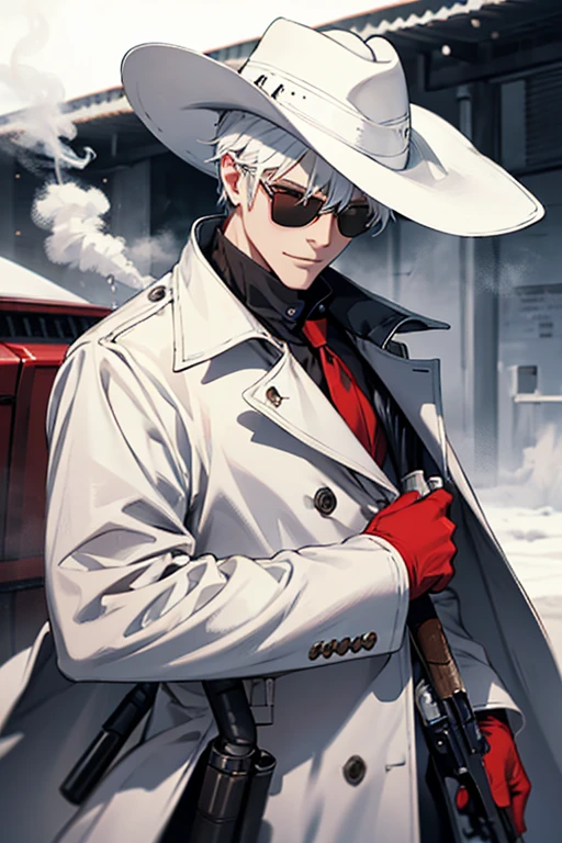 Gunslinger, sunglasses, white hat, white raincoat, , red gloves, gun smoke, cigarette, flamethrower, smile, man,
