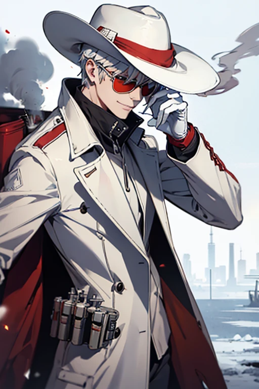 Gunslinger, sunglasses, white hat, white raincoat, , red gloves, gun smoke, cigarette, flamethrower, smile, man, 