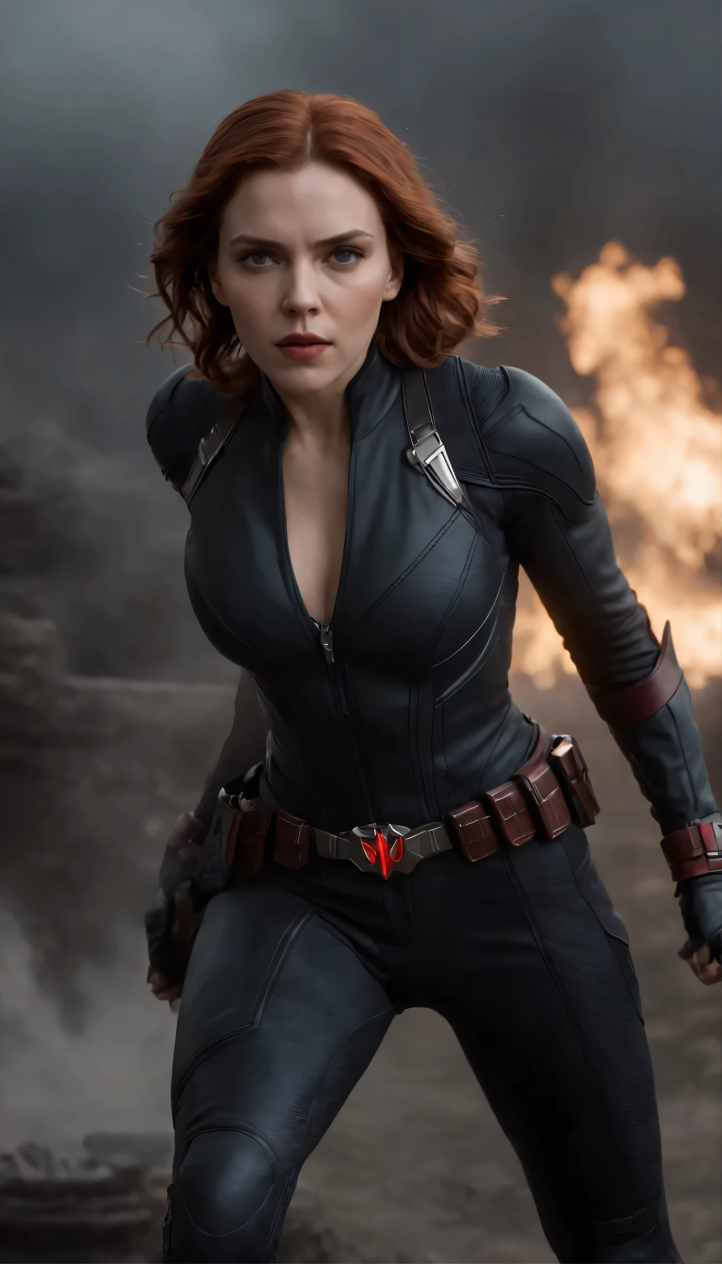Scarlett Johansson&#39;s face details,　A scene from a movie,　A realistic statue of the thoughtful and courageous Black Widow、Dressed in a sleek black bodysuit、Against a moody and foggy background、Get ready for battle with high resolution images。The intricate details of her armor and weaponry、reflecting her determination and resilience、Shining under the dazzling light。With this ultra-realistic 8K expression、She prepares to engage in epic battles against the toughest foes in the Dark Knight&#39;s gritty world。Mostly cloudy skies overhead、The dramatic atmosphere of the two clashing、Sharp features、Agile movements captured in amazing detail。Marvel Studios universe