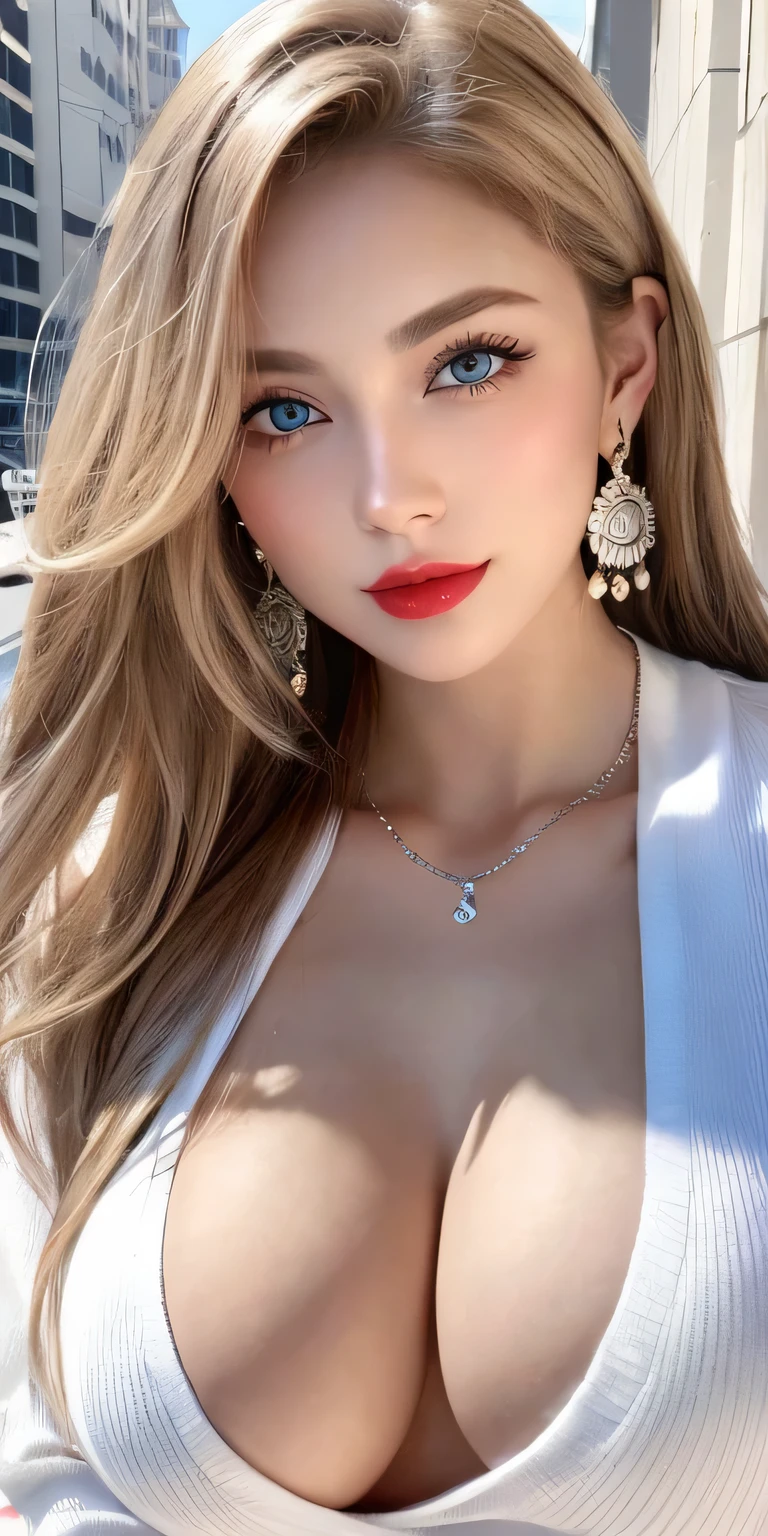 Beautiful city college girl、masterpiece、light makeup、Red lips、Silver Hair、Disheveled long hair、Background of the cityscape、beautiful、elegant。 Extremely fine detail、Master Works、Authentic texture、Realism in film lighting、Perfect job、16k、HD、Exquisite facial features、blue eyes、Japanese Idols、Beautiful face、Cute smile、brown hair、Beautiful Hair、glamorous、Big Breasts、 Erect nipples、Greasy muscles、Shiny skin、Sunburned skin、Grabbing the black, shining skin of my own chest、Sexy knitted sweaters、Big, shining eyes、Smooth skin、Earrings、necklace、Tattoo、Showing her nipples under a white shirt、Grabbing own breasts、Press against chest、 showing nipples under white shirt,1 boy, licking penis
