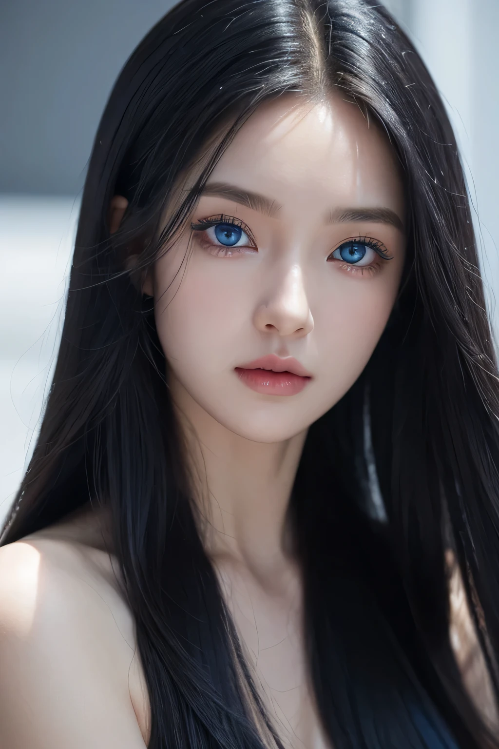 close-up of a woman with blue eyes and black hair, SZA, sapphire blue eyes, sad blue eyes, stunning eyes, sha xi, Akech&#39;s trump card, sight, sad eyes,
