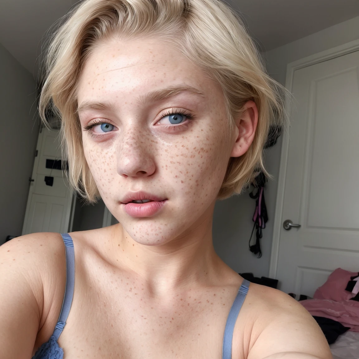 Snapchat selfie of an English lady, 19 years, grey eyes, mild freckles on cheeks, short blonde hair, pink lips, sexy gaze, blue sexy bra