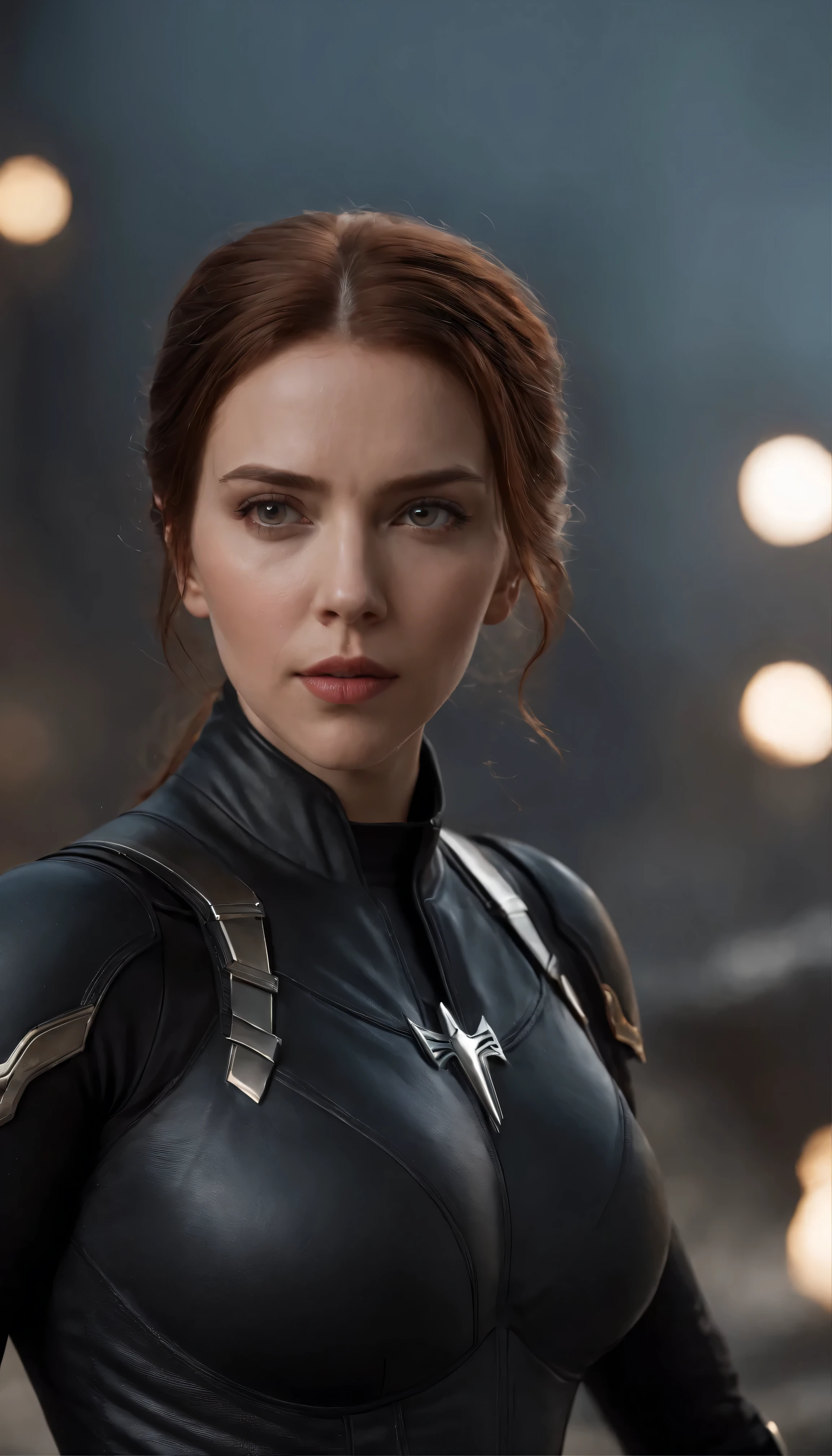 Scarlett Johansson's face details, A scene from a movie, A realistic statue of the thoughtful and courageous Black Widow、Dressed in a sleek black bodysuit、Against a moody and foggy background、Get ready for battle with high resolution images。The intricate details of her armor and weaponry、reflecting her determination and resilience、Shining under the dazzling light。With this ultra-realistic 8K expression、She prepares to engage in epic battles against the toughest foes in the Dark Knight's gritty world。Mostly cloudy skies overhead、The dramatic atmosphere of the two clashing、Sharp features、Agile movements captured in amazing detail。Marvel Studios universe