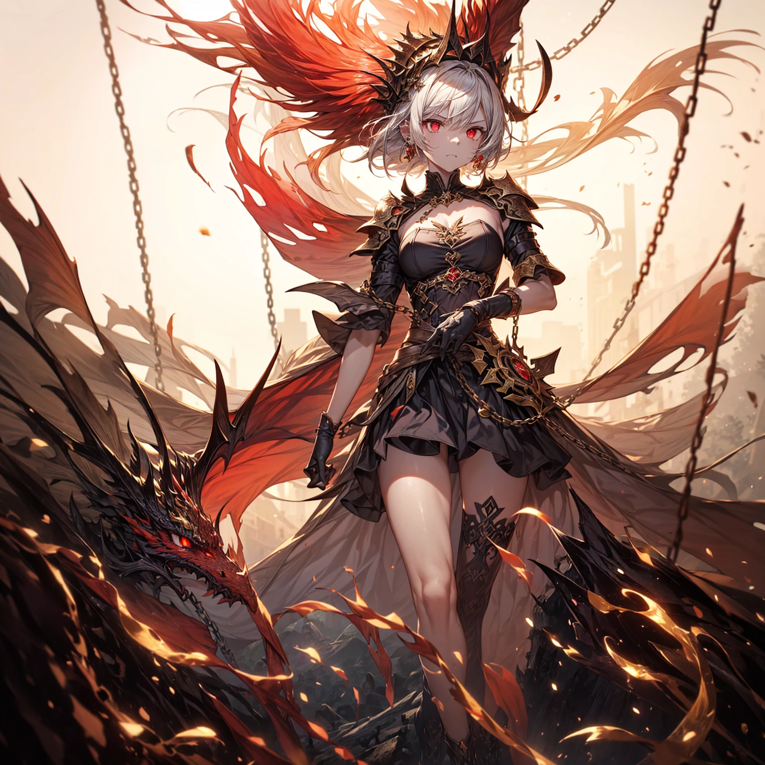 gorgeous, masterpiece, best quality, landscape, highres,4k, wallpaper, trace lights,, intricate, detailed, fighting with hero, break kingdom, constellations, bad weather sky, rpg, lord of the rings, Antagonist, stunning battle, bad heroine, Masterpiece, Best Quality, High Quality,(gold and red eyes and surrounded by gold light), (gold dragon eye ), (Darkness:1.2), Abstraction, Angry, Award-winning photography, Depth of field, HDR, Very detailed, Trending in art stations, Trending in CG society, Complex, High detail,(Masterpiece:1.2, Best Quality), (Best Lighting, Very Delicate and Beautiful), (Best Lighting, Very Delicate and Beautiful), (Beautiful Detailed Face), (Detailed Eyes and Detailed Face:1.2), Dark Fantasy, (Young Girl, Little Beast,very Angry face, dragon hands,dragon scale, Pale Skin,19 Piercings,((no tattoos)) ,destroy ,gray hair, glowing red eyes, dynamic Angle, Vampire, (Chains in Background,Get Magic Circle,Get Demon Summoned), (Demon from Magic Circle)Magic Thunder, pointy_ears, Fangs,Demon Wings,GOLD Demon Horns,Blood Rain,Blood Mist,(Depth of Field),High Contrast,(Splash of Blood:1.2),Cowboy Shot,Full Body,Scream,Epic Stage, showing thighs, no stocking, NO skirt, NO earrings, fluttering red cape like fire, medium hair, surrounded by evil creatures , broken stone walls, broken wood house, broken palace,evil spear of fire, dark sword of fire, show more skins
