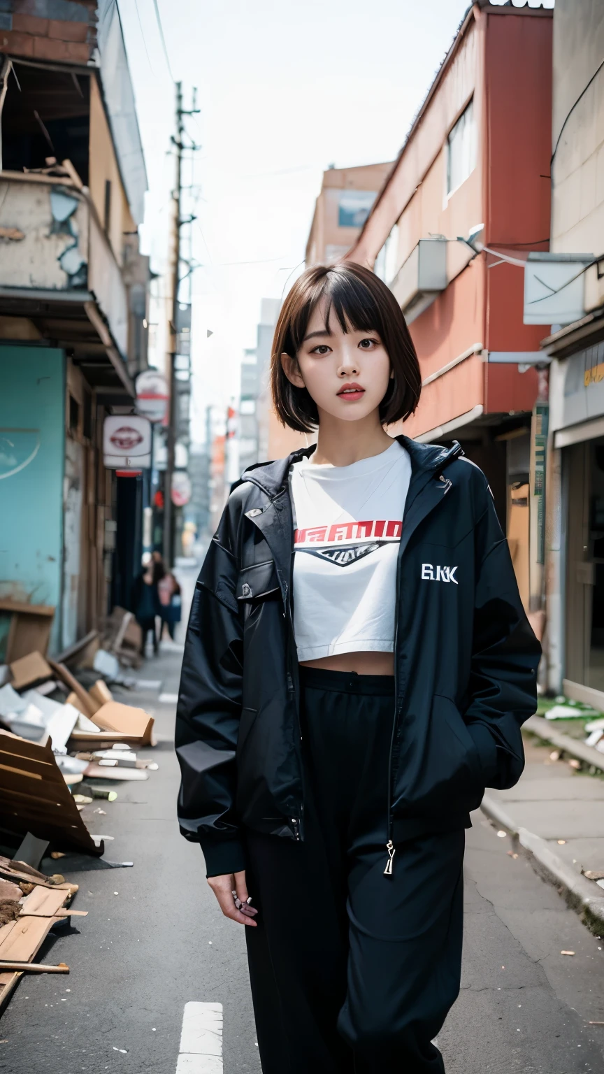 ,Korean women,(((Facing forward))),カメラをGlaring,(Very fine eye), (((Fabric Shading))), (((highest quality))), (((masterpiece))) strong girl, (((Realistic))), Black Hair, chic hairstyle, ((With bangs,Straight medium bob cut, nice hair)), Light makeup,Red eyes, I&#39;m not wearing lipstick,(((Retro-futuristic outfits))), (nice, strong, It Girl), Strong night atmosphere,  Centered Images, Focus on the camera, Elegant colors,Realistic Skin,Realistic texture,８k,whole body,彼女のBlack Hair, (((Ruins of a dilapidated neon town))),Red iris,Expressionless,(((He is wearing a big black down jacket. ))),Glaring,Perfect Face,(((Big eyes))),She is wearing wide black hip-hop style pants.,Mouth closed, portrait of aespaのウィンター,She is wearing black streetwear, Woman in black streetwear, Photo of a woman in black tech clothing, Girl wearing black hoodie, Cyberpunk Streetwear, Cyberpunk Streetwear street fashion e-girl,Have a credit card