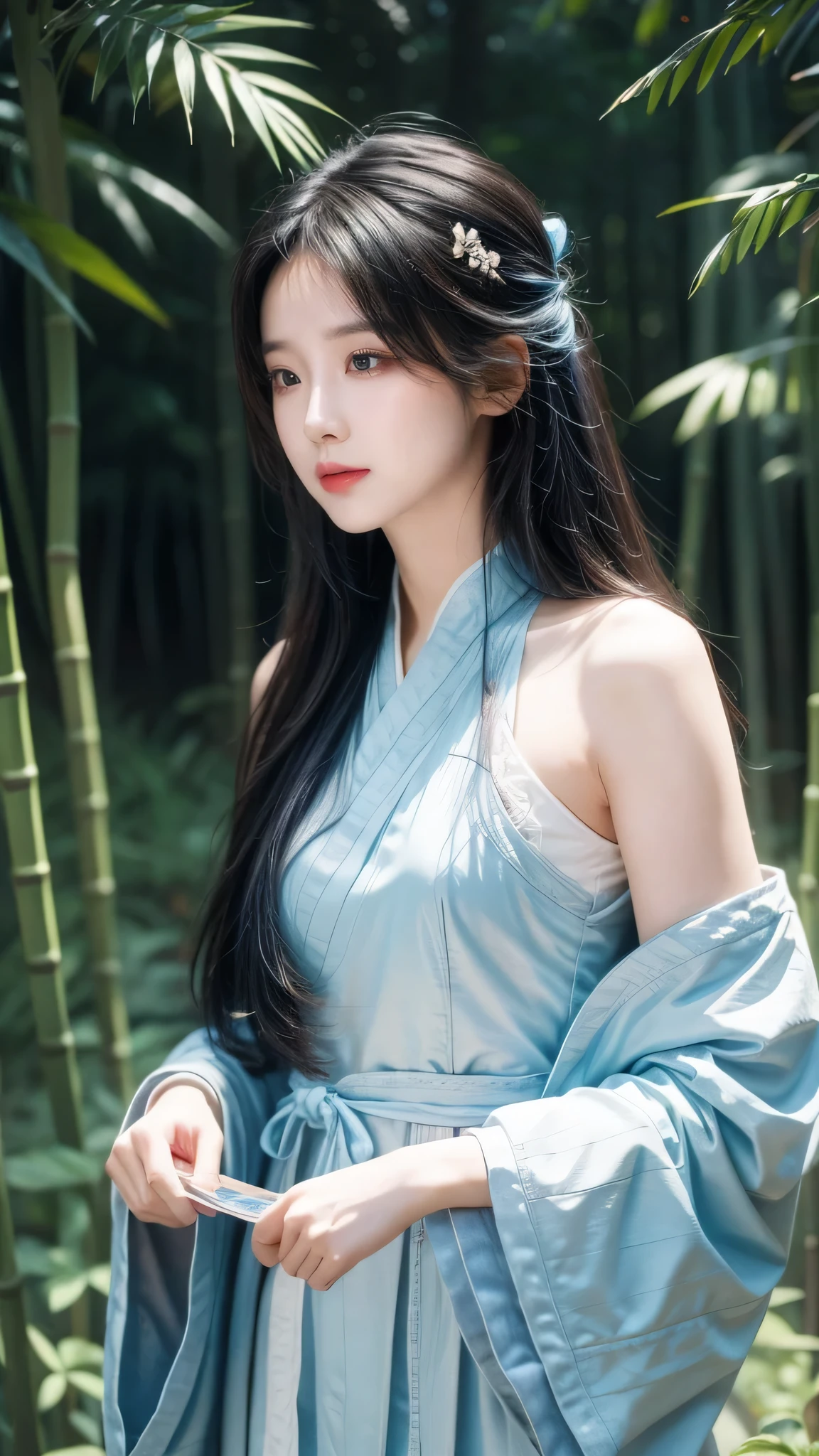 masterpiece, best quality, official art, 8k wallpaper, Very detailed, illustration, 1 boy, Chinese, ink, sky blue hair, Long hair, Delicate eyes, Forrest Fun, Bare shoulders, Hanfu, lake, pure, Gentle smile, bamboo, Tea