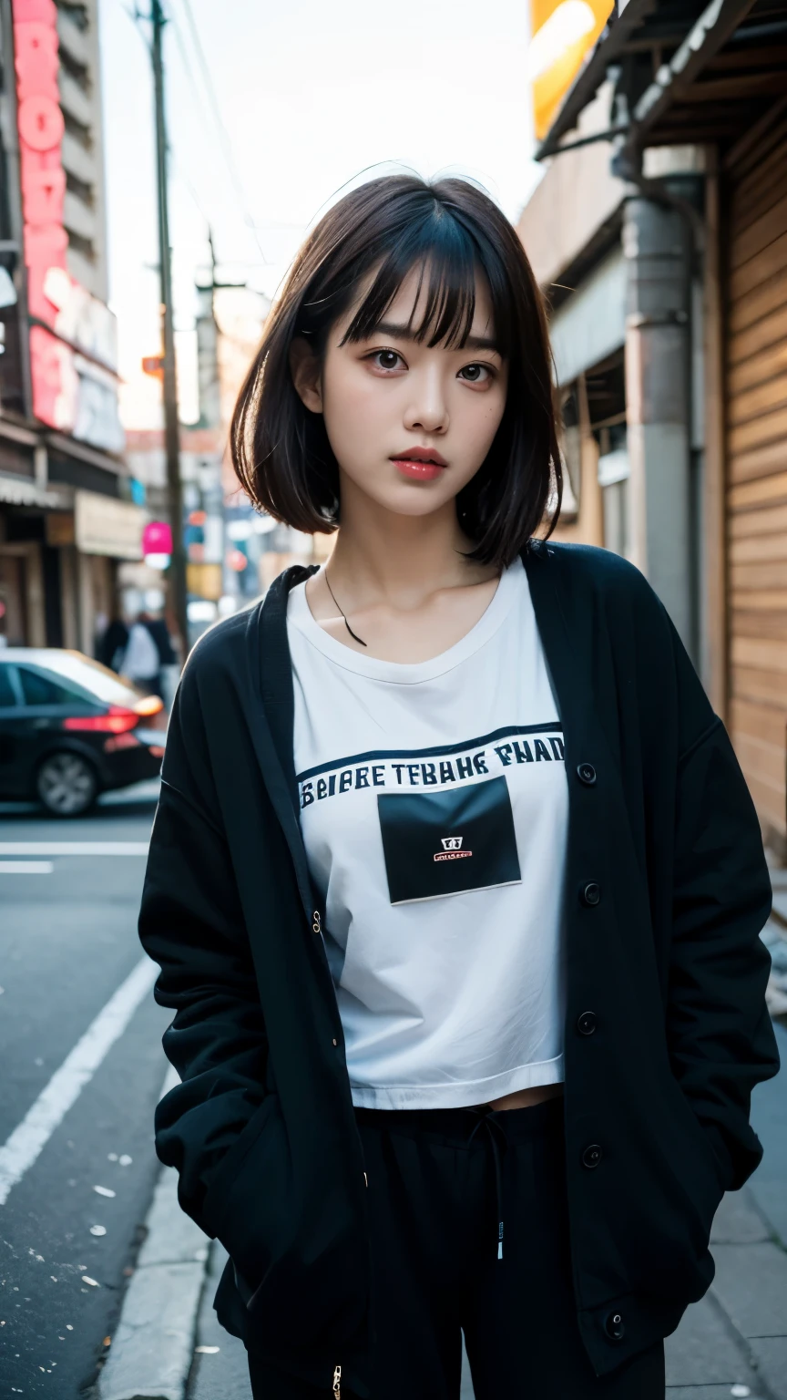 16 years old,Korean women,(((Facing forward))),カメラをGlaring,(Very fine eye), (((Fabric Shading))), (((highest quality))), (((masterpiece))) strong girl, (((Realistic))), Black Hair, chic hairstyle, ((With bangs,Straight medium bob cut, nice hair)), Light makeup,Red eyes, I&#39;m not wearing lipstick,(((Retro-futuristic outfits))), (nice, strong, It Girl), Strong night atmosphere,  Centered Images, Focus on the camera, Elegant colors,Realistic Skin,Realistic texture,８k,whole body,彼女のBlack Hair, (((Ruins of a dilapidated neon town))),Red iris,Expressionless,(((He is wearing a big black down jacket. ))),Glaring,Perfect Face,(((Big eyes))),She is wearing wide black hip-hop style pants.,Mouth closed, portrait of aespaのウィンター,She is wearing black streetwear, Woman in black streetwear, Photo of a woman in black tech clothing, Girl wearing black hoodie, Cyberpunk Streetwear, Cyberpunk Streetwear street fashion e-girl,Have a credit card