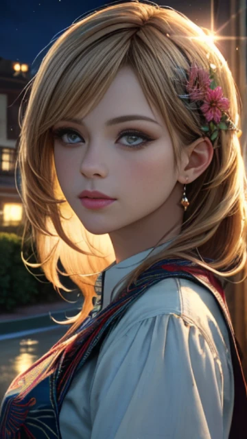 (8k, masterpiece, best quality), ultra-detailed, detailed beautiful round eyes, beautifully detailed face, high quality, high resolution, 1 girl, medium breast, (Devine cloth:1.5), nighttime, night garden background, (LOOKING AT VIEWER:1.3), (female focus:0.886) SUPER TEXTURE, UNREAL ENGINE RENDER, PHYSICALLY-BASED RENDERING, ULTRA HIGHT DEFINITION, 16K, 1080P.realistic, photorealistic, masterpiece, beautiful, (masterpiece, best quality, highres:1.2), (photorealistic:1.2), (intricate and beautiful:1.2), (detailed light:1.2), (soft lighting, side lighting, reflected light), (colorful, dynamic angle), fashion photography, light passing through hair, (perfect skin), natural lighting,