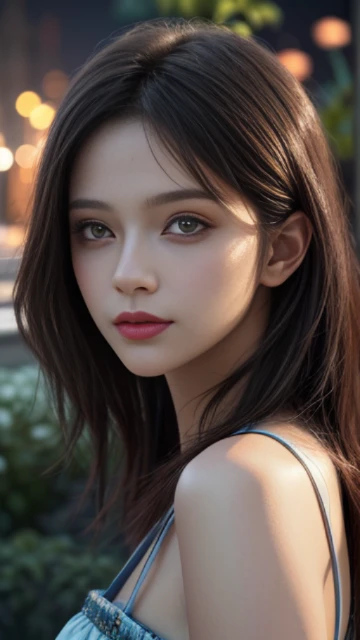 (8k, masterpiece, best quality), ultra-detailed, detailed beautiful round eyes, beautifully detailed face, high quality, high resolution, 1 girl, medium breast, (Devine cloth:1.5), nighttime, night garden background, (LOOKING AT VIEWER:1.3), (female focus:0.886) SUPER TEXTURE, UNREAL ENGINE RENDER, PHYSICALLY-BASED RENDERING, ULTRA HIGHT DEFINITION, 16K, 1080P.realistic, photorealistic, masterpiece, beautiful, (masterpiece, best quality, highres:1.2), (photorealistic:1.2), (intricate and beautiful:1.2), (detailed light:1.2), (soft lighting, side lighting, reflected light), (colorful, dynamic angle), fashion photography, light passing through hair, (perfect skin), natural lighting,
