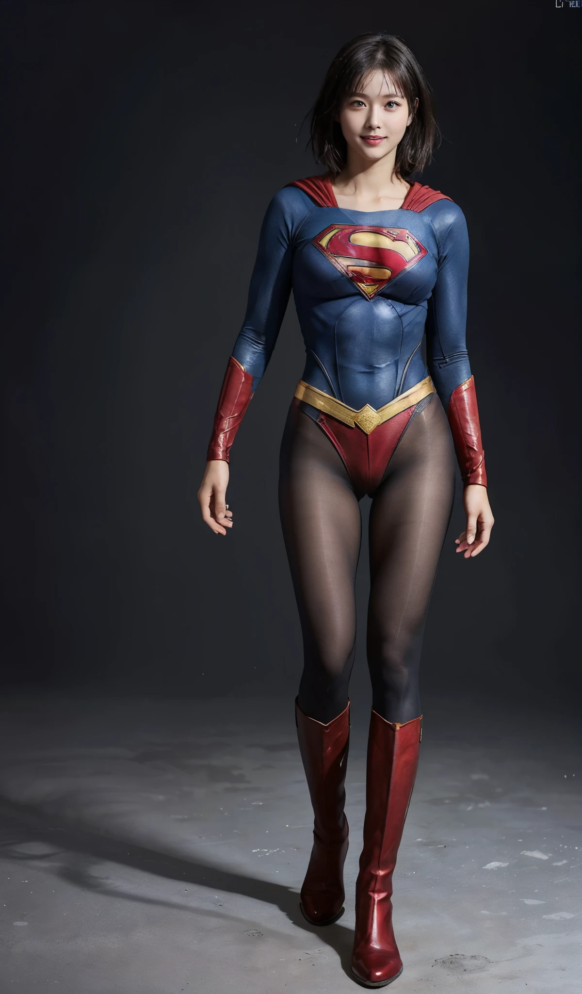 No background、(((Beautiful legs in black tights.)))、(((Legally express the beauty of your smile)))、((((Make the most of your original images)))、(((Supergirl Costume)))、(((beautiful short bob hair)))、(((suffering)))、(((Please wear black tights....、Wear red boots)))、((Best image quality、8K))、((highest quality、8K、masterpiece:1.3))、(((Preserve background )))、Sharp focus:1.2、Beautiful woman with perfect figure:1.4、Thin abdominal muscles:1.2、Wet body:1.5、Highly detailed face and skin texture、8K