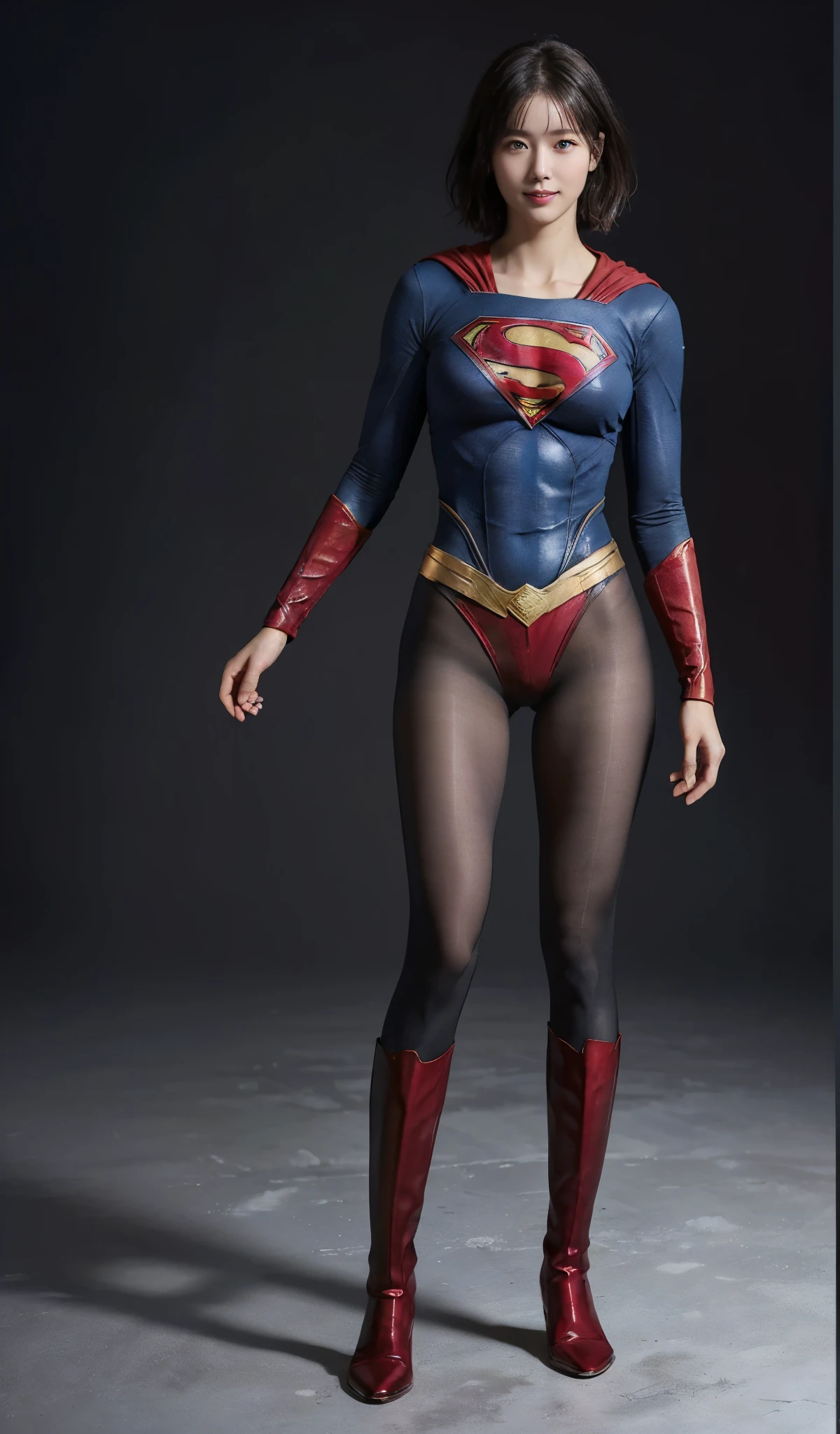 No background、(((Beautiful legs in black tights.)))、(((Legally express the beauty of your smile)))、((((Make the most of your original images)))、(((Supergirl Costume)))、(((beautiful short bob hair)))、(((suffering)))、(((Please wear black tights....、Wear red boots)))、((Best image quality、8K))、((highest quality、8K、masterpiece:1.3))、(((Preserve background )))、Sharp focus:1.2、Beautiful woman with perfect figure:1.4、Thin abdominal muscles:1.2、Wet body:1.5、Highly detailed face and skin texture、8K