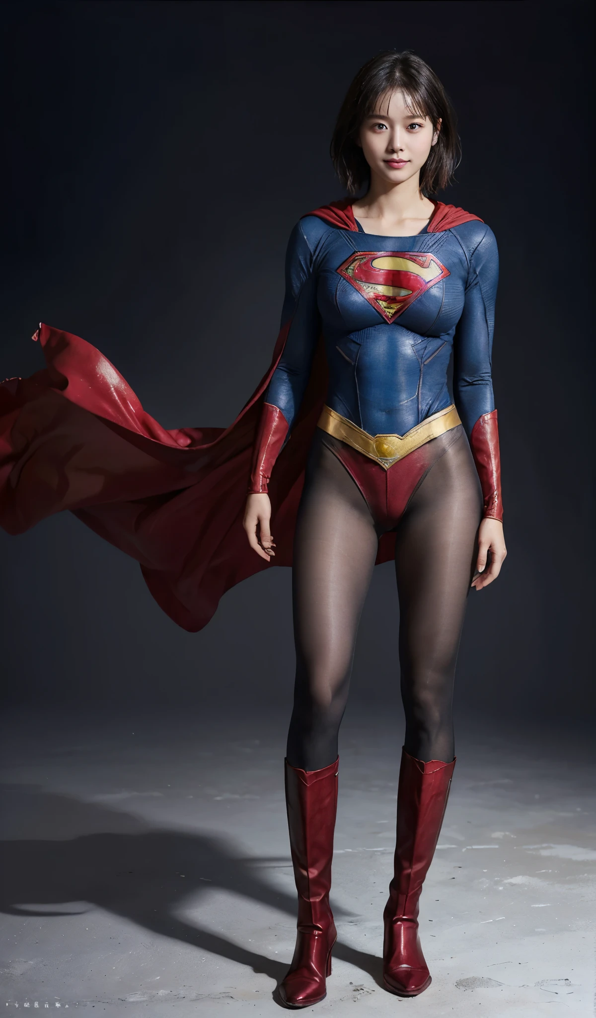 No background、(((Beautiful legs in black tights.)))、(((Legally express the beauty of your smile)))、((((Make the most of your original images)))、(((Supergirl Costume)))、(((beautiful short bob hair)))、(((suffering)))、(((Please wear black tights....、Wear red boots)))、((Best image quality、8K))、((highest quality、8K、masterpiece:1.3))、(((Preserve background )))、Sharp focus:1.2、Beautiful woman with perfect figure:1.4、Thin abdominal muscles:1.2、Wet body:1.5、Highly detailed face and skin texture、8K