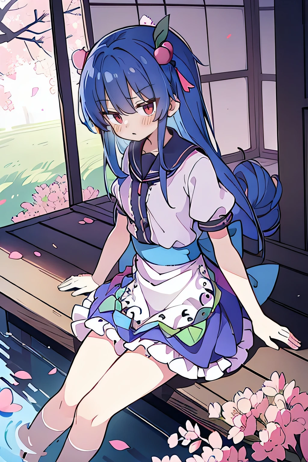 (best quality, masterpiece:1.2), expressive eyes, perfect face, 1 girl, hands on waist, beautiful, gorgeous, Japanese animation, Lola, Hinamori Angel, blue hair, floating clothes, waist grab, waist grab, hands on hips, sitting, sitting on the ground, legs on the ground, flat-chested, falling petals, sitting in a pavilion, pavilion.