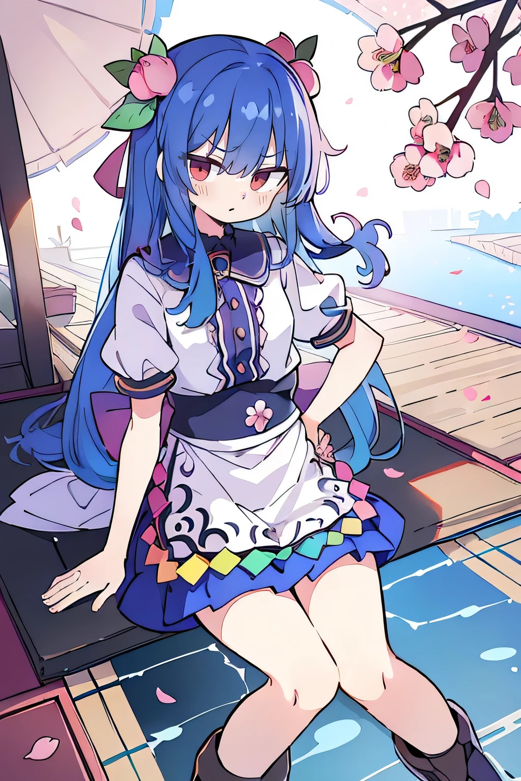 (best quality, masterpiece:1.2), expressive eyes, perfect face, 1 girl, hands on waist, beautiful, gorgeous, Japanese animation, Lola, Hinamori Angel, blue hair, floating clothes, waist grab, waist grab, hands on hips, sitting, sitting on the ground, legs on the ground, flat-chested, falling petals, sitting in a pavilion, pavilion.