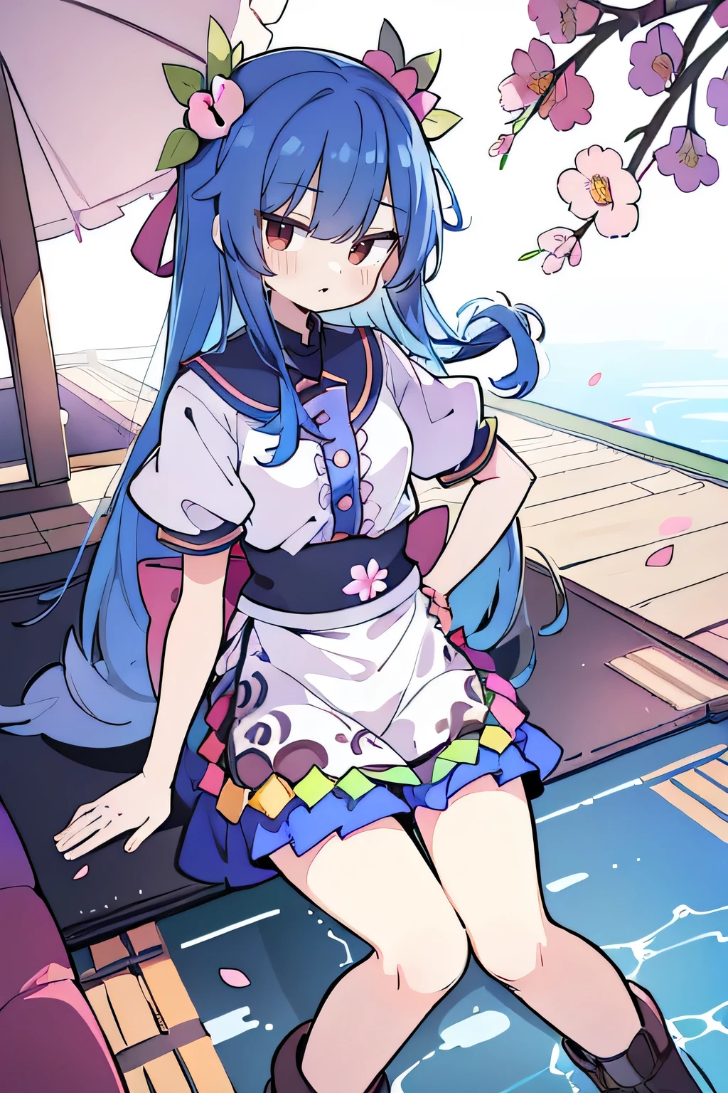 (best quality, masterpiece:1.2), expressive eyes, perfect face, 1 girl, hands on waist, beautiful, gorgeous, Japanese animation, Lola, Hinamori Angel, blue hair, floating clothes, waist grab, waist grab, hands on hips, sitting, sitting on the ground, legs on the ground, flat-chested, falling petals, sitting in a pavilion, pavilion.