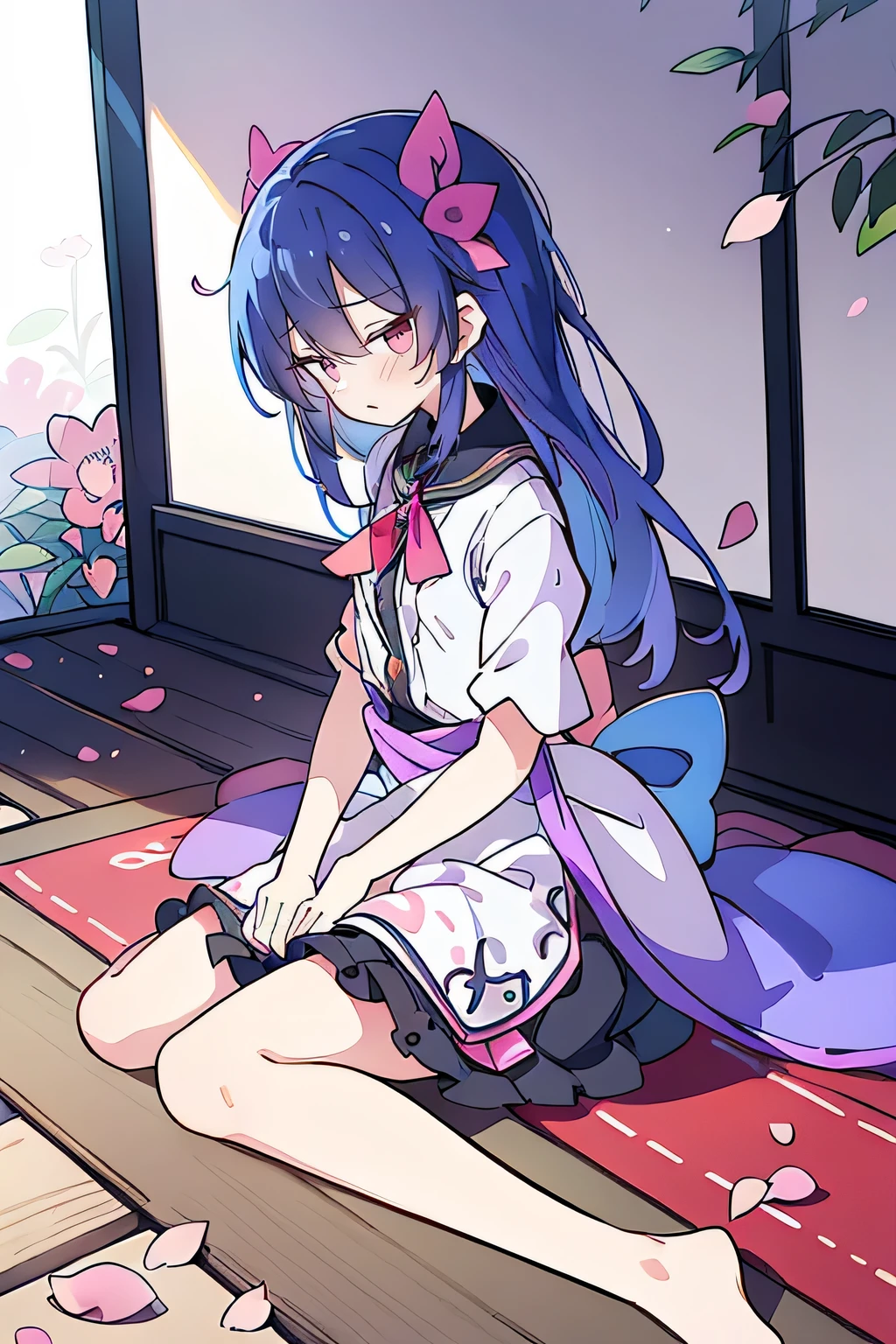(best quality, masterpiece:1.2), expressive eyes, perfect face, 1 girl, hands on waist, beautiful, gorgeous, Japanese animation, Lola, Hinamori Angel, blue hair, floating clothes, waist grab, waist grab, hands on hips, sitting, sitting on the ground, legs on the ground, flat-chested, falling petals, sitting in a pavilion, pavilion.