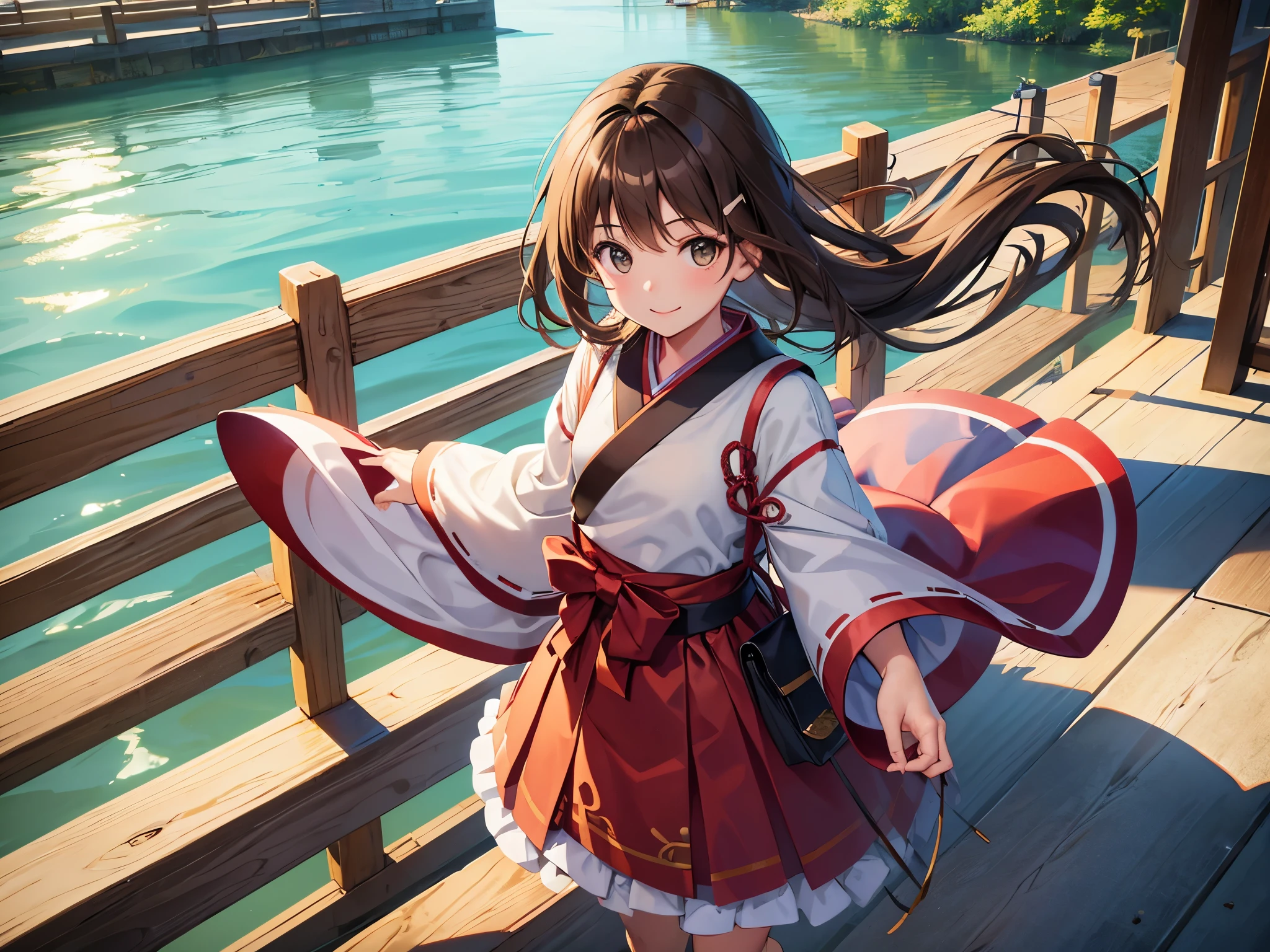 
young  

(girl) 

hair swaying in the wind 

(brown hair) 

calm smile 

set up clothes for kids 

(Girl's costume) 

Calm river seen from the bridge 

Japanese  face 


