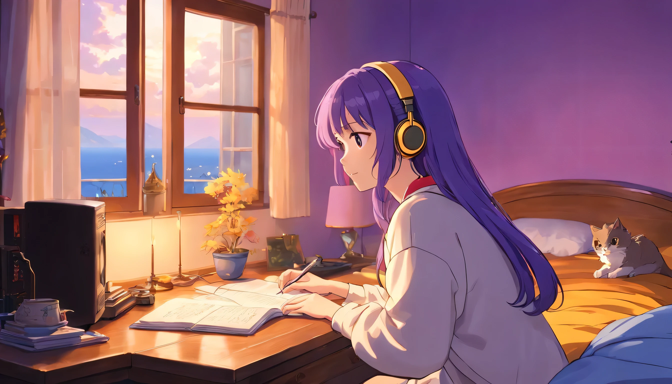 (highest quality,4K,8k,High resolution,masterpiece:1.2),(Very detailed),(Realistic,photoRealistic,photo-Realistic:1.37) Beautiful girl studying in a cozy bedroom, Illuminated by the warm glow of purple light. She has headphones on、I listen to lo-fi music, While her cats curled up beside her on the bed