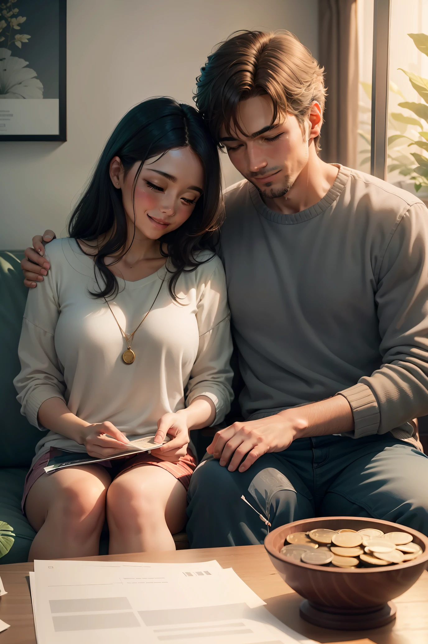 couple at home, Participate in rewarding money-saving activities. They are sitting on a comfortable sofa, Holding an open piggy bank on your lap, We are ready to receive your contributions.
Soft, warm lighting creates a quiet and comfortable atmosphere... The environment is decorated with elements representing a simple and conscious life.., like a plant, A book on personal finance and a framework with financial goals..
both are smiling, Share positive relationships by putting bills and coins in a piggy bank.. A scene that conveys joy and a sense of purpose., Show that you recognize the importance of saving to achieve your financial goals..
around the sofa, There is an atmosphere of harmony and peace, Soft colors and objects that evoke comfort and well-being. The environment reflects the idea that money-saving activities are fun and rewarding..
The scene is presented in a photographic style., We use professional cameras with angled lenses to capture the breadth of the landscape and the details of the piggy bank... The photos have been carefully composed, At this time of saving money, we emphasize the couple's complicity and happiness...
The sight of a couple saving money conveys the importance of savings habits and the rewards of working together to achieve financial goals... Image highlights appreciation for a conscious financial life and the satisfaction that comes from making responsible decisions about money., Contributing to a secure and prosperous financial future.