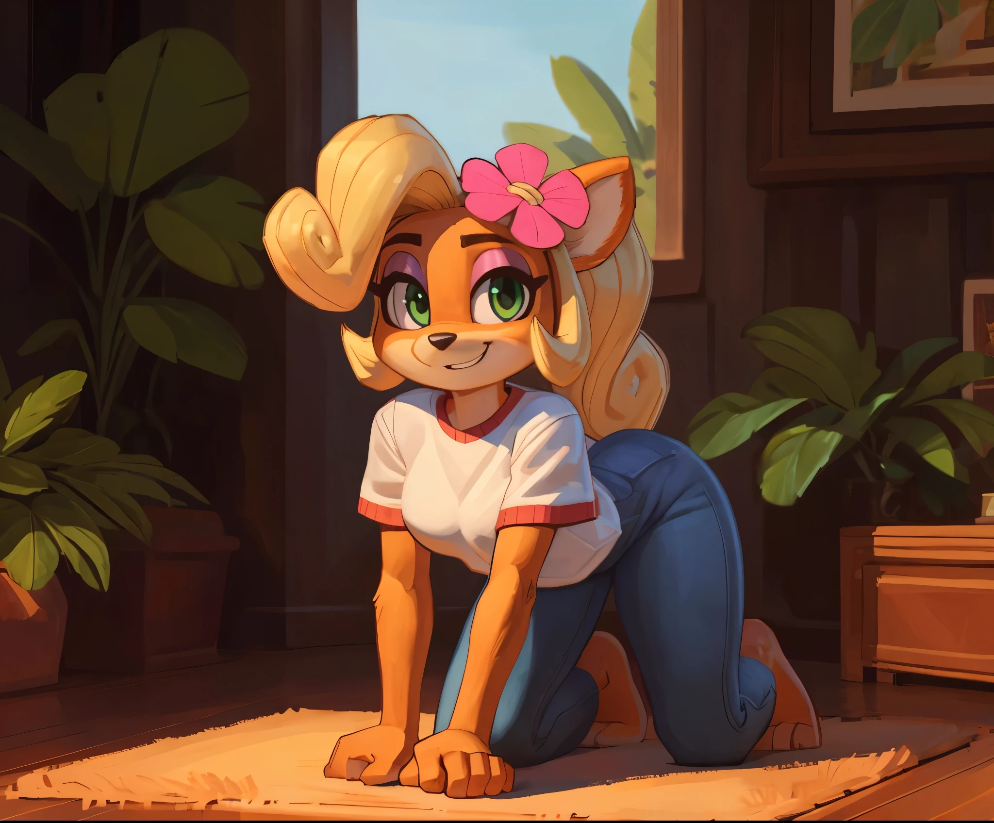 [Coco bandicoot], [Uploaded to e621.net; (wamudraws), (Pixelsketcher)], ((masterpiece)), ((HD)), ((high res)), ((solo portrait)), ((full body)), ((front view)), ((feet visible)), ((furry; anthro)), ((detailed fur)), ((detailed shading)), ((beautiful render art)), ((intricate details)), {anthro; orange fur, black nose, (cute green eyes), (short eyelashes), (pink eyeshadow), blonde curly hair, curly ponytail, (curvy hips), (beautiful legs), (beautiful feet), (humanoid feet), (sexy toes), (cute smirk), (excited expression)}, {(white tee shirt), (tight jeans), (pink flower in hair)}, {(kneeling), (all fours), (looking at viewer)}, [background; (tropical forest), (living room), (window), (blue sky), (sun rays), (ambient lighting)]