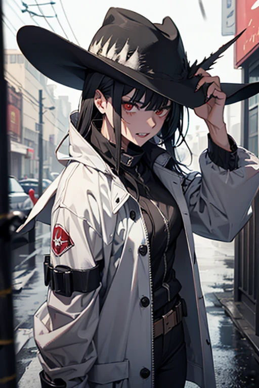 Gunslinger, sunglasses,hat, raincoat, girl, sharp teeth, claws, scars on face,