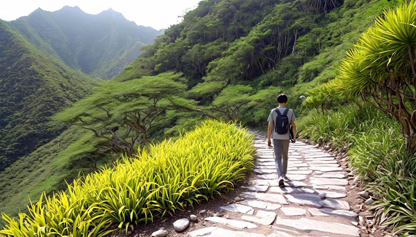 In spring，A 25 years chinese man, short hair, lonely , intelligence, exploration style，Walk  on high natural mountain path, the distance are high mountain peaks，Wearing gray sport shirt, long pant，holding notes books and phone, seeing surrounding from hill, wearing desert shoe, On mountains path  tropical trees，some dendrobium orchids on trees, 8k resolution ,high quality photo，detail on features, Faraway view, evening scenary, detail on face and body features