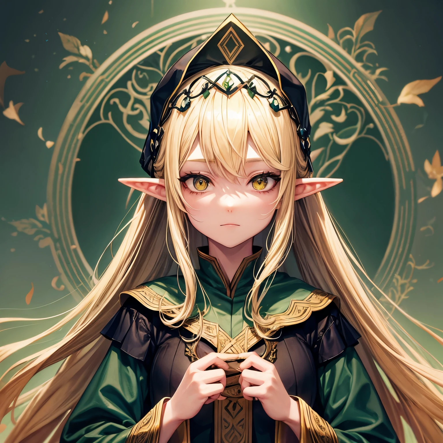 Blonde hair, elf ears, parted in the middle, dark green and dark yellow odd eyes. Digital illustration. She wears a small light red headdress on her head. High quality, perfect composition, large file size.